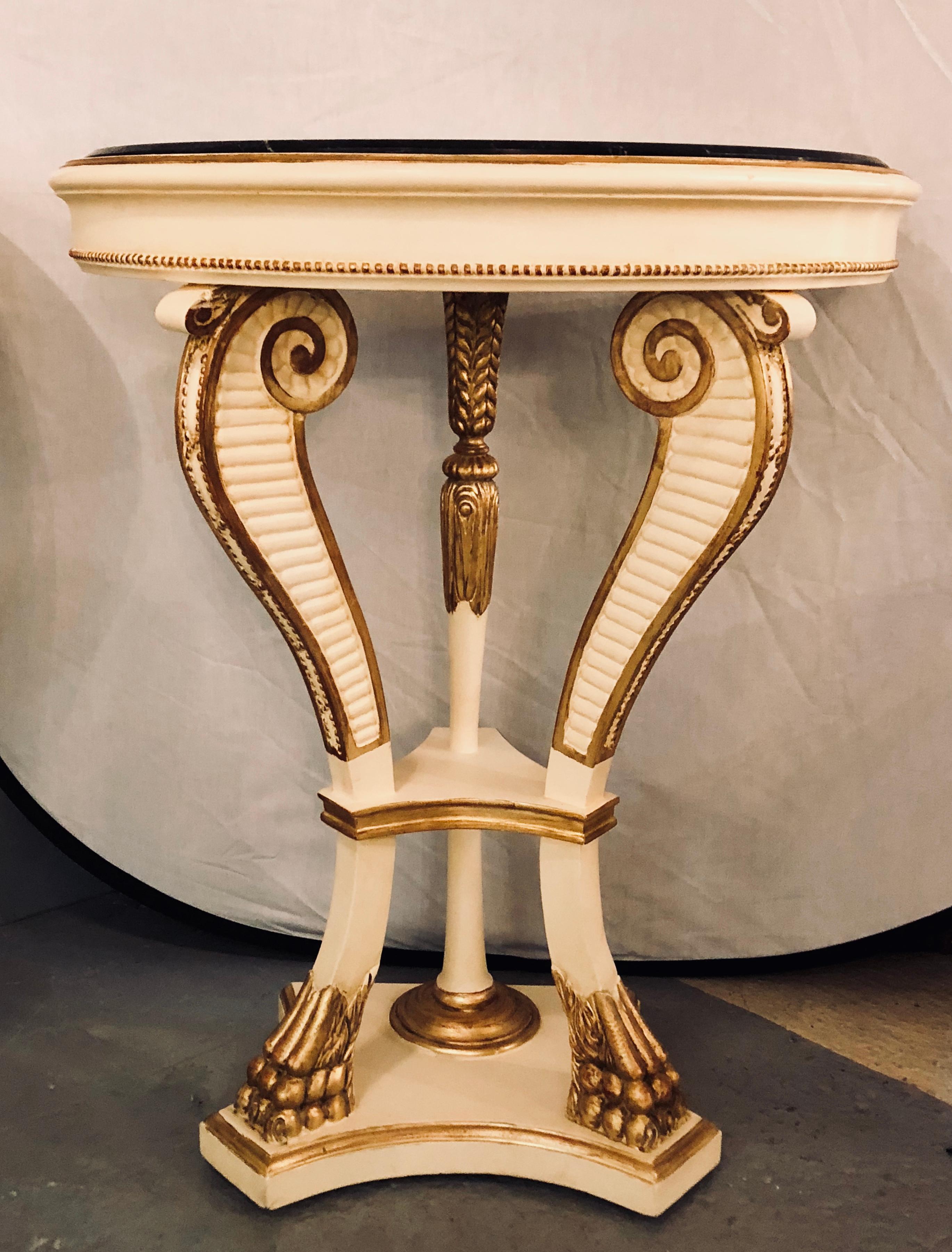20th Century Pair of Parcel Paint and Gilt Decorated Marble-Top Demilune Console Tables