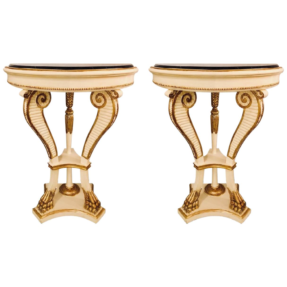 Pair of Parcel Paint and Gilt Decorated Marble-Top Demilune Console Tables