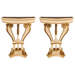 Pair of Parcel Paint and Gilt Decorated Marble-Top Demilune Console Tables