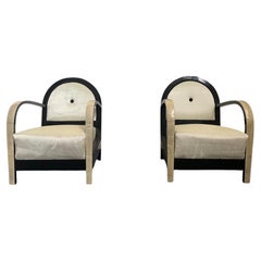 Pair of Parchment and Black Lacquered Art Deco Lounge Chairs, 1930s