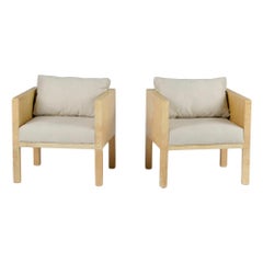 Pair of Parchment Covered Cube Form Club Chairs, Manner of JM Frank