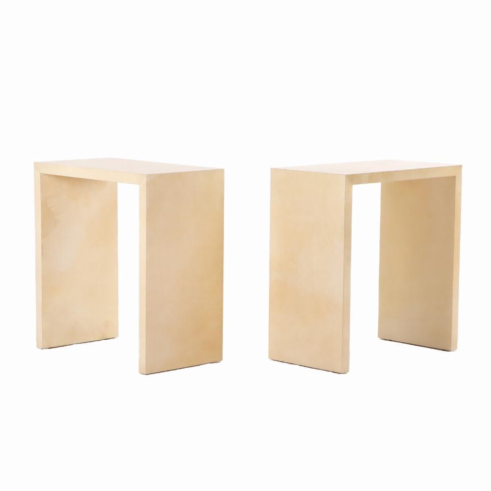 Argentine Pair of parchment covered tables in manner of Jean-Michel Frank. Contemporary.