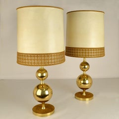 Pair of Parchment Leather Shades Table Lamps on Brass Bases 1970's