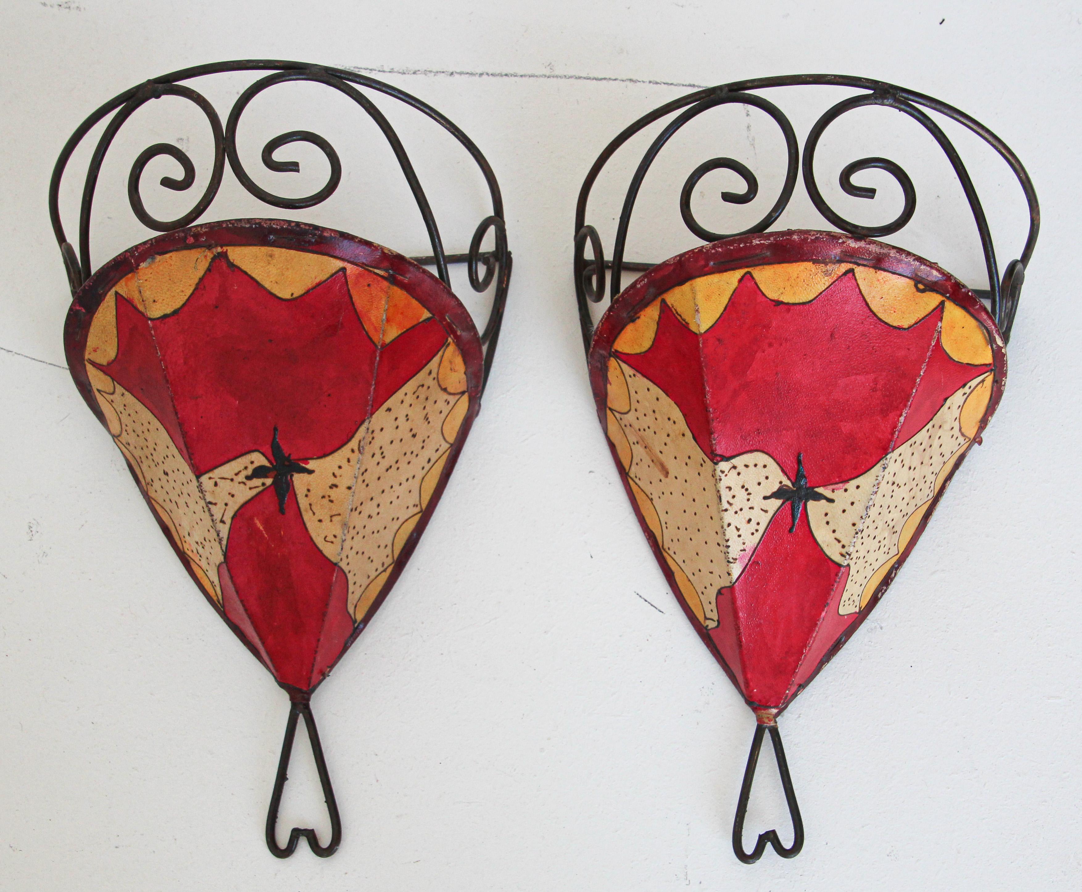 Pair of Parchment Moroccan African Art Handpainted Wall Sconce For Sale 6