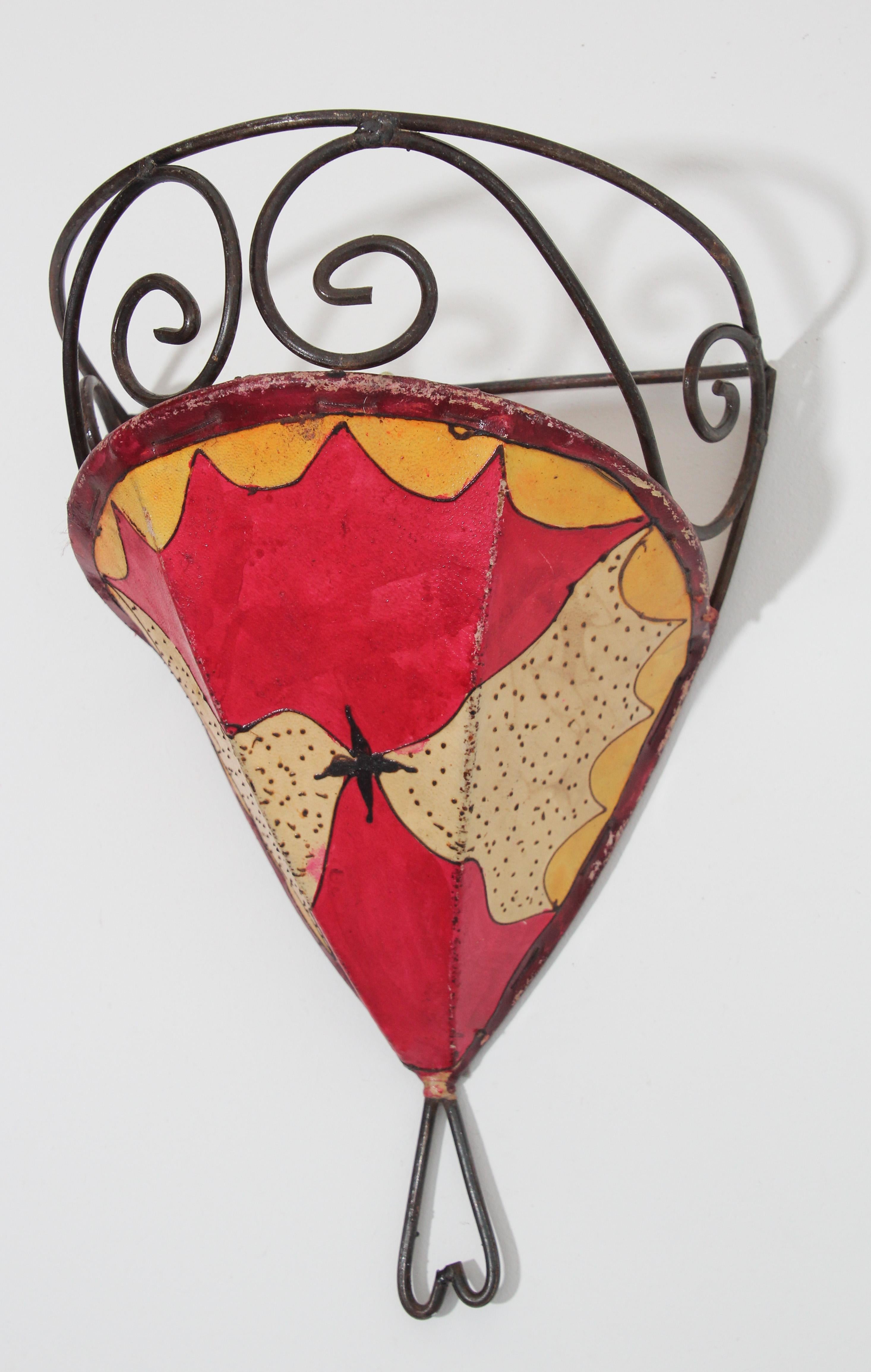 Hand-Crafted Pair of Parchment Moroccan African Art Handpainted Wall Sconce For Sale