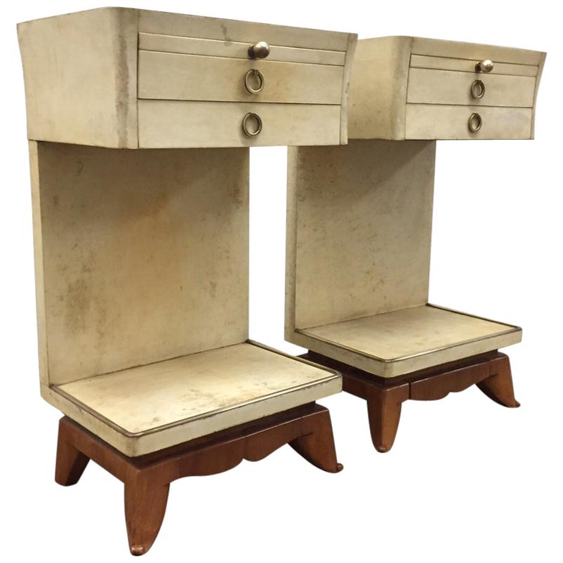 Pair of Parchment Nightstands Manner of Osvaldo Borsani For Sale
