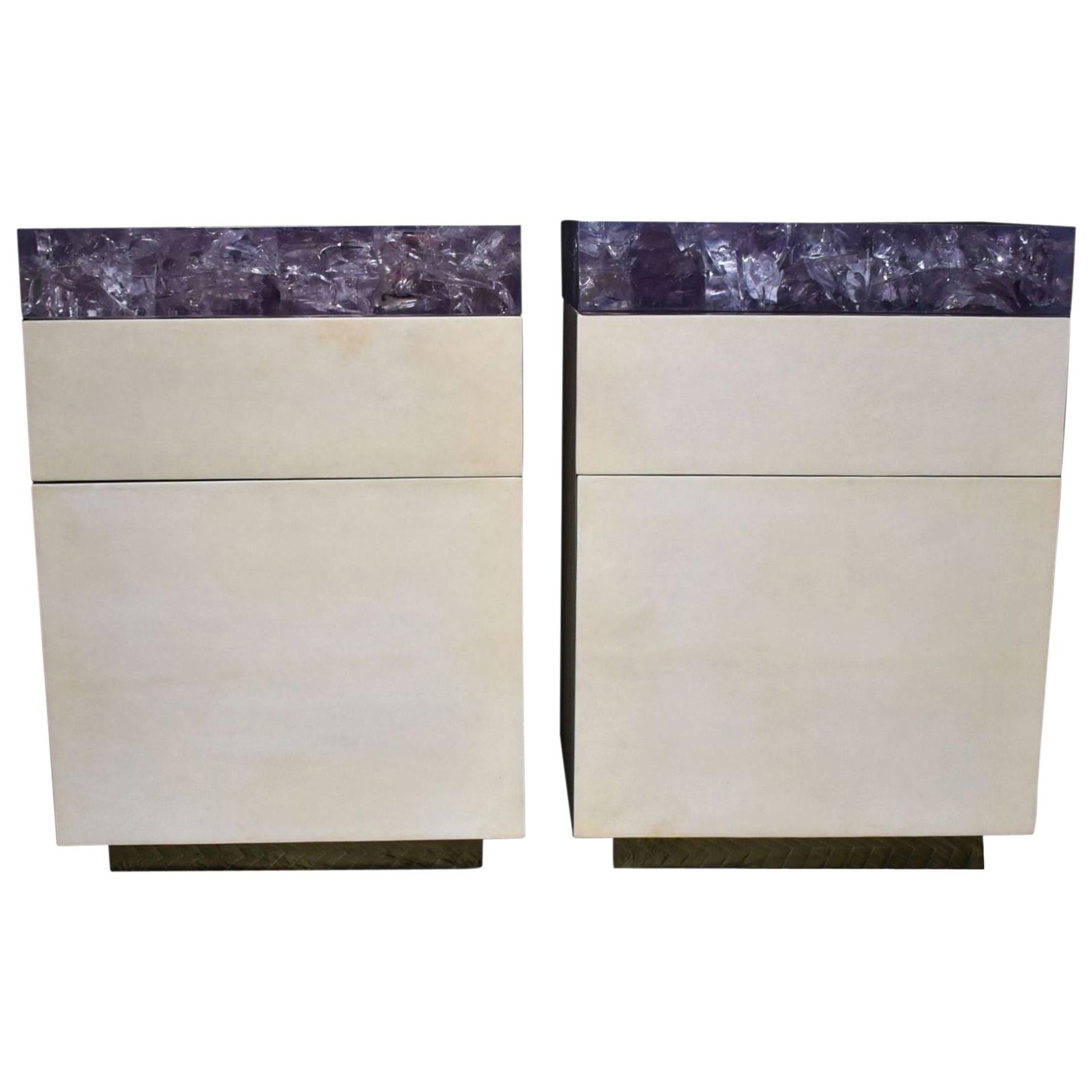 Pair of Parchment Nightstands with Ice Cracked Resin Tops