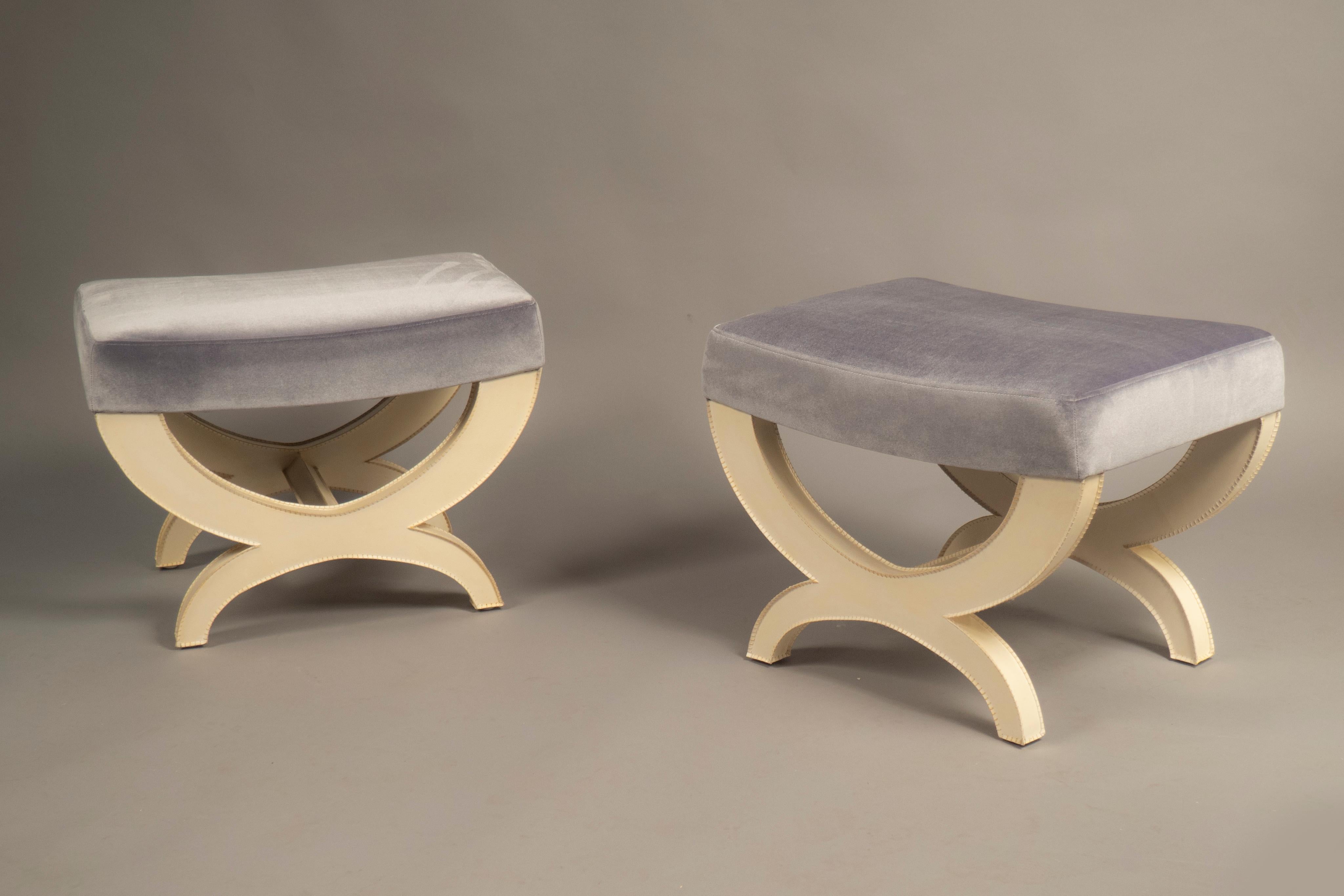 Hand-Crafted Pair of Parchment Stools, USA, 2019