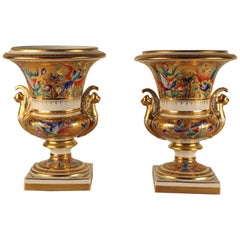 Pair of Paris Empire Style Porcelain Urns, Painted and Gilt