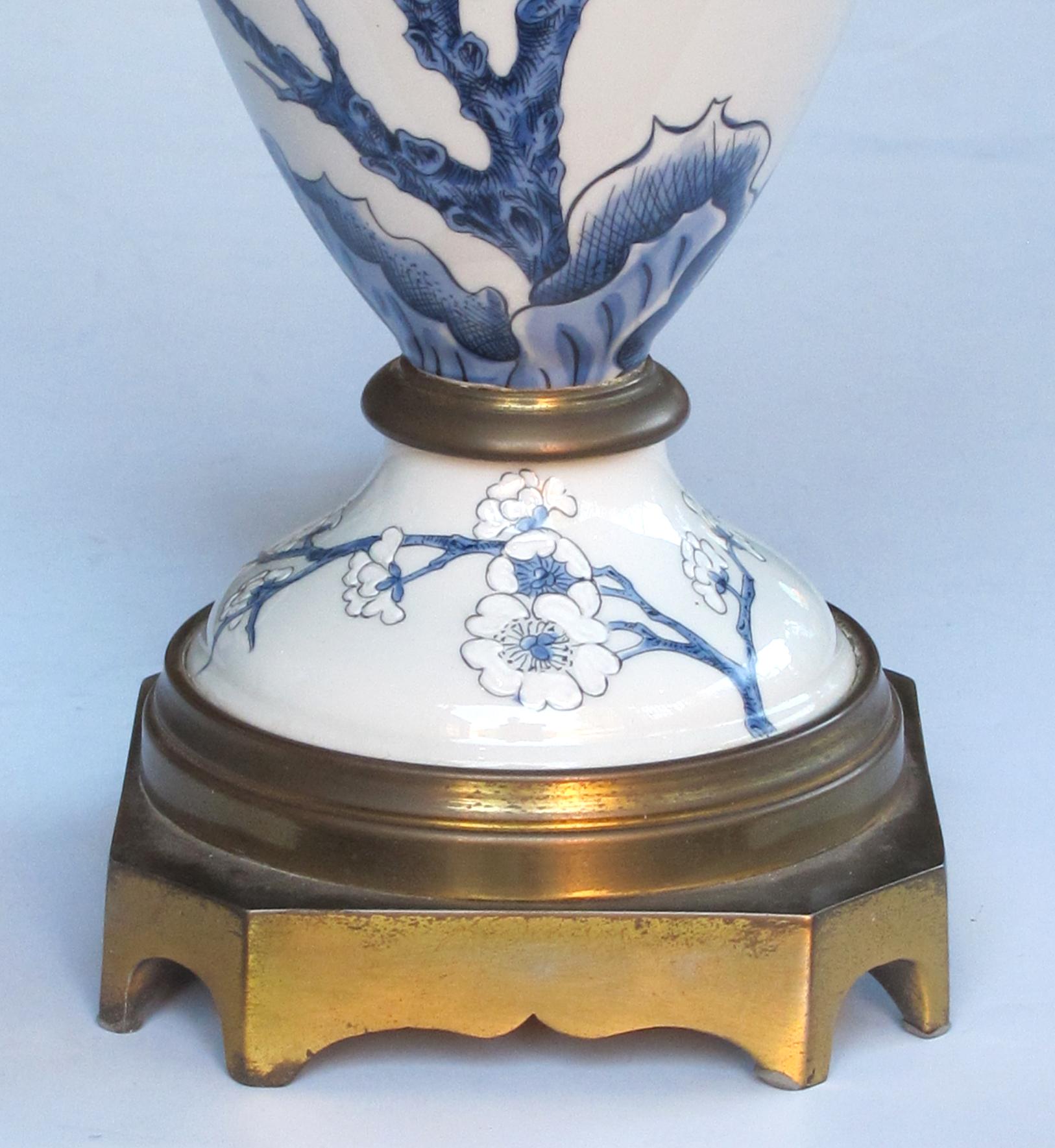 Chinoiserie Pair of Paris Porcelain Blue and White Hand Painted Baluster-Form Lamps For Sale