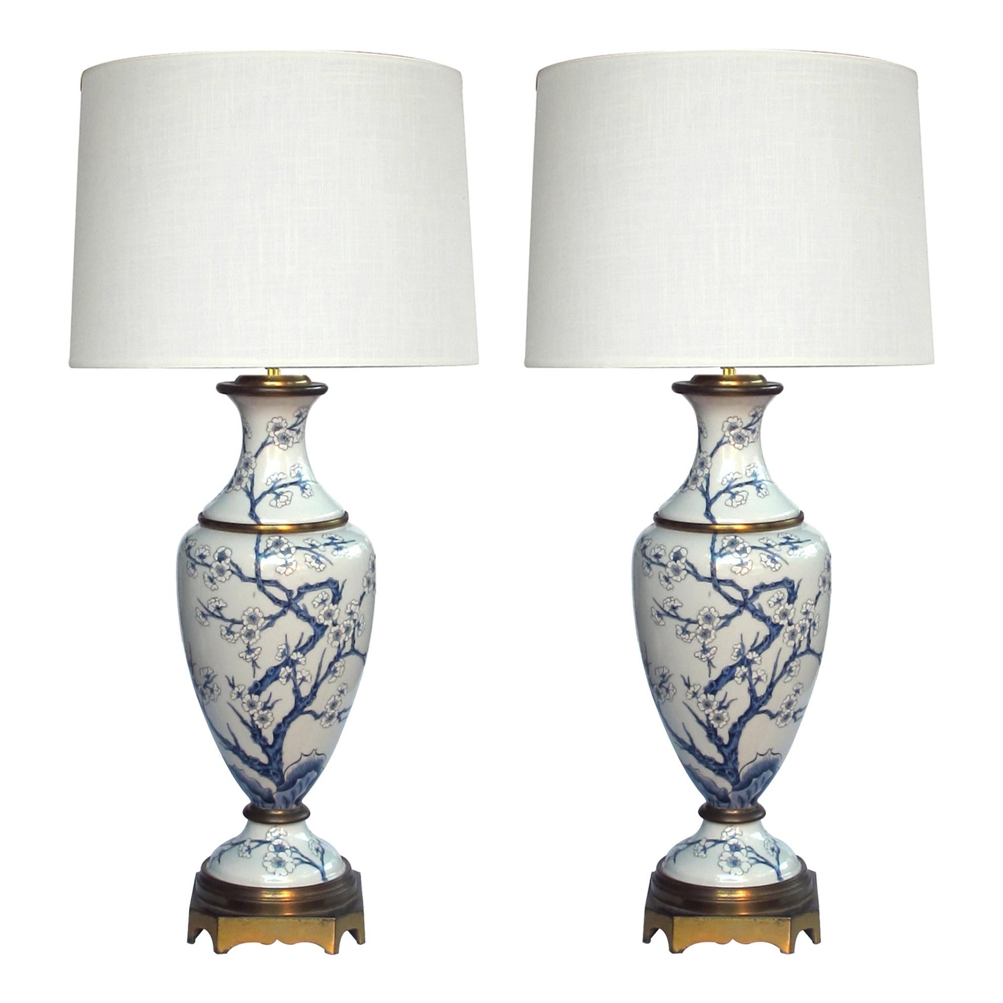Pair of Paris Porcelain Blue and White Hand Painted Baluster-Form Lamps For Sale