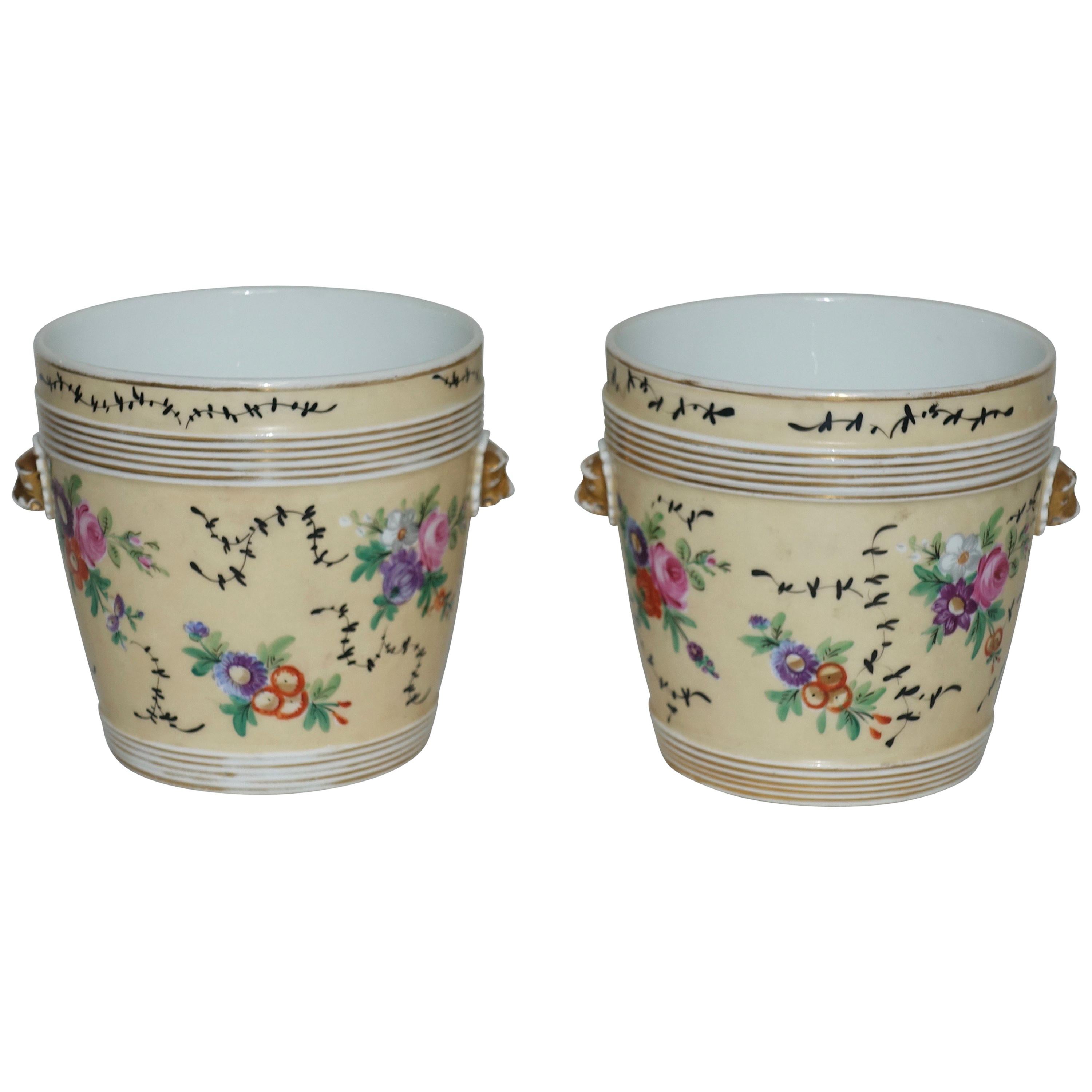Pair of Paris Porcelain Cachepots with Hand-Painted Flowers, French, circa 1860