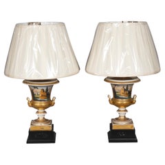 Antique Pair of Paris Porcelain Campagna Form Table Lamps with New Shades