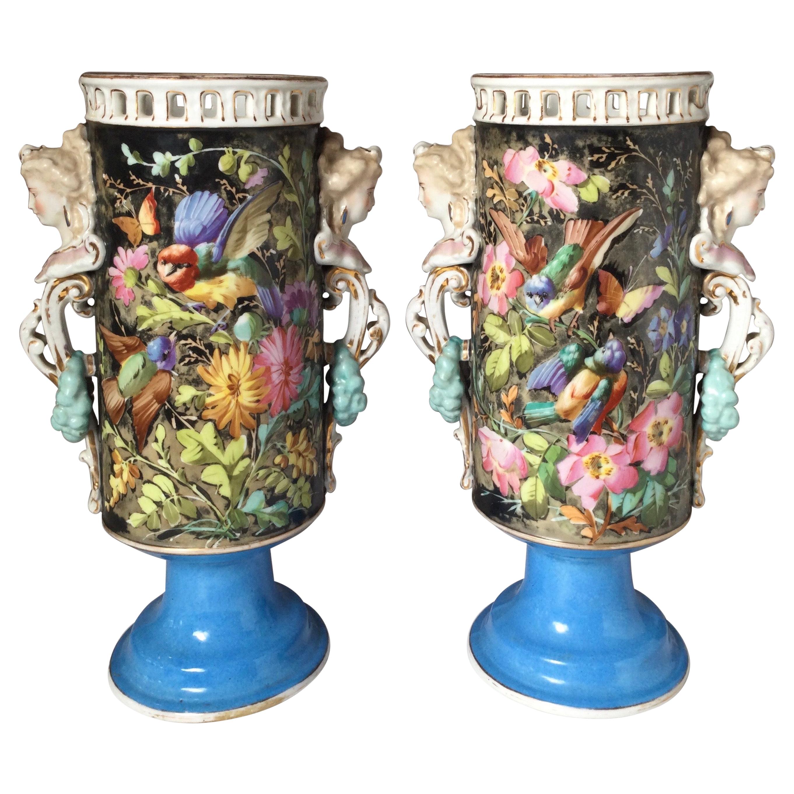 Pair of Paris Porcelain Hand Painted Cylinder Vases  For Sale
