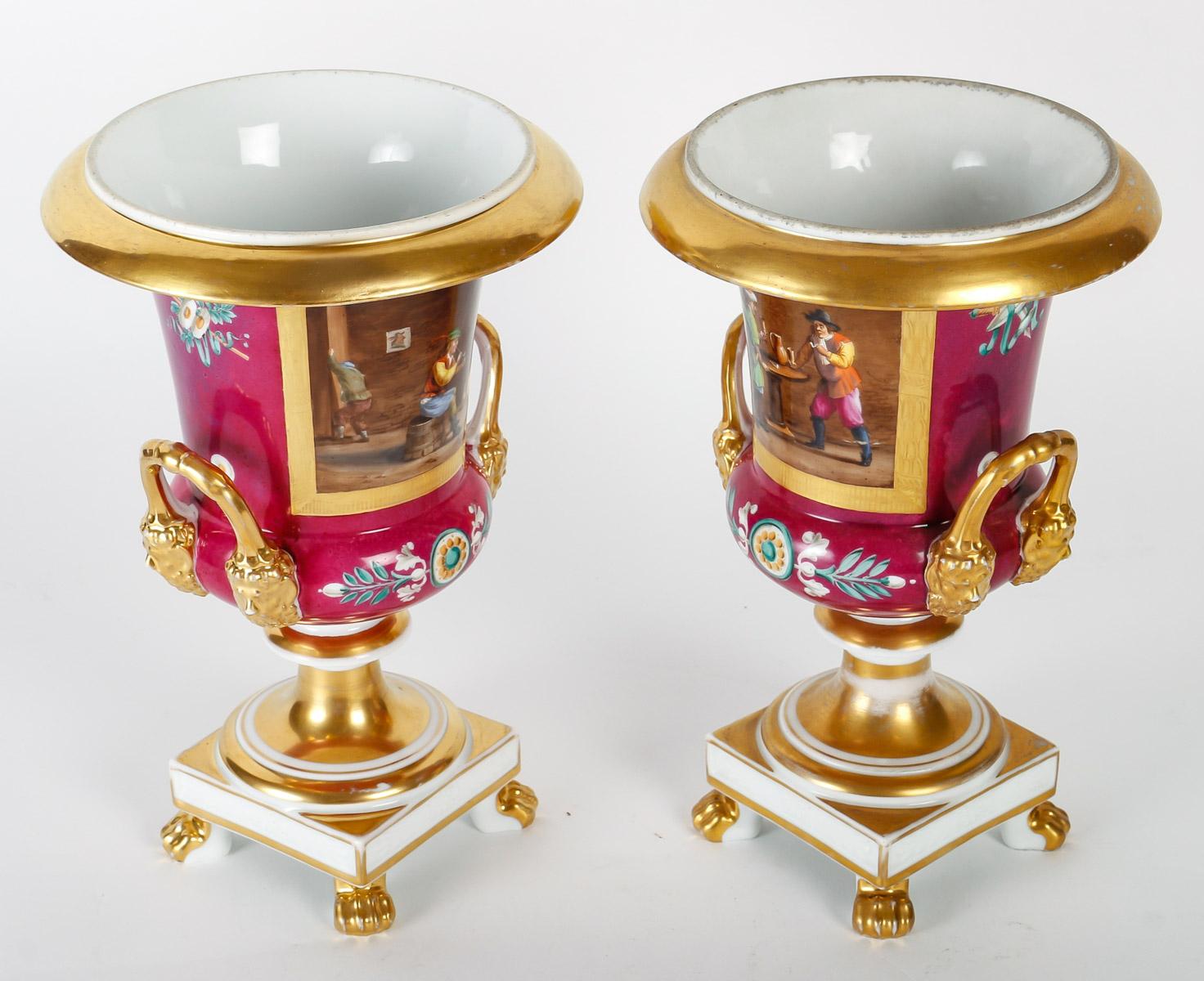 French Pair of Paris Porcelain Medicis Vases from the 19th Century . For Sale