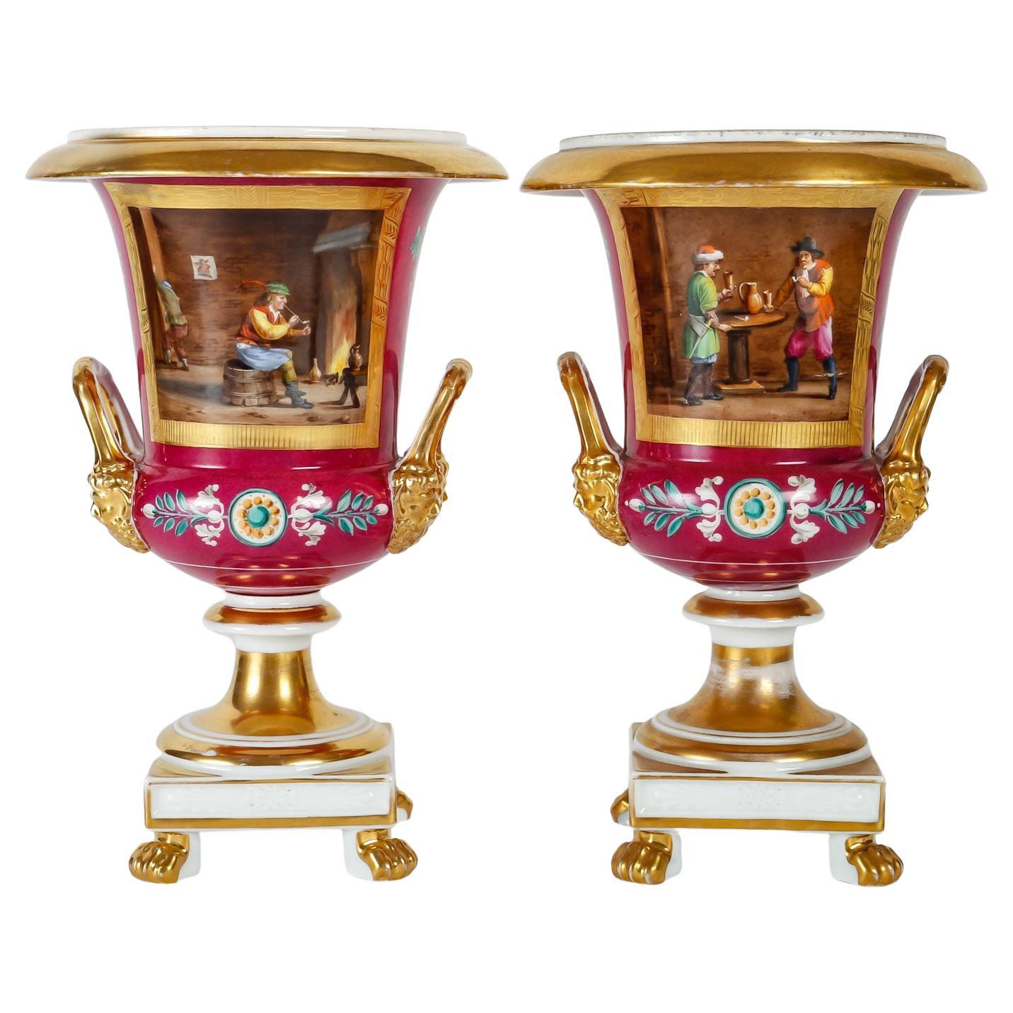 Pair of Paris Porcelain Medicis Vases from the 19th Century .