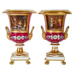 Antique Pair of Paris Porcelain Medicis Vases from the 19th Century .