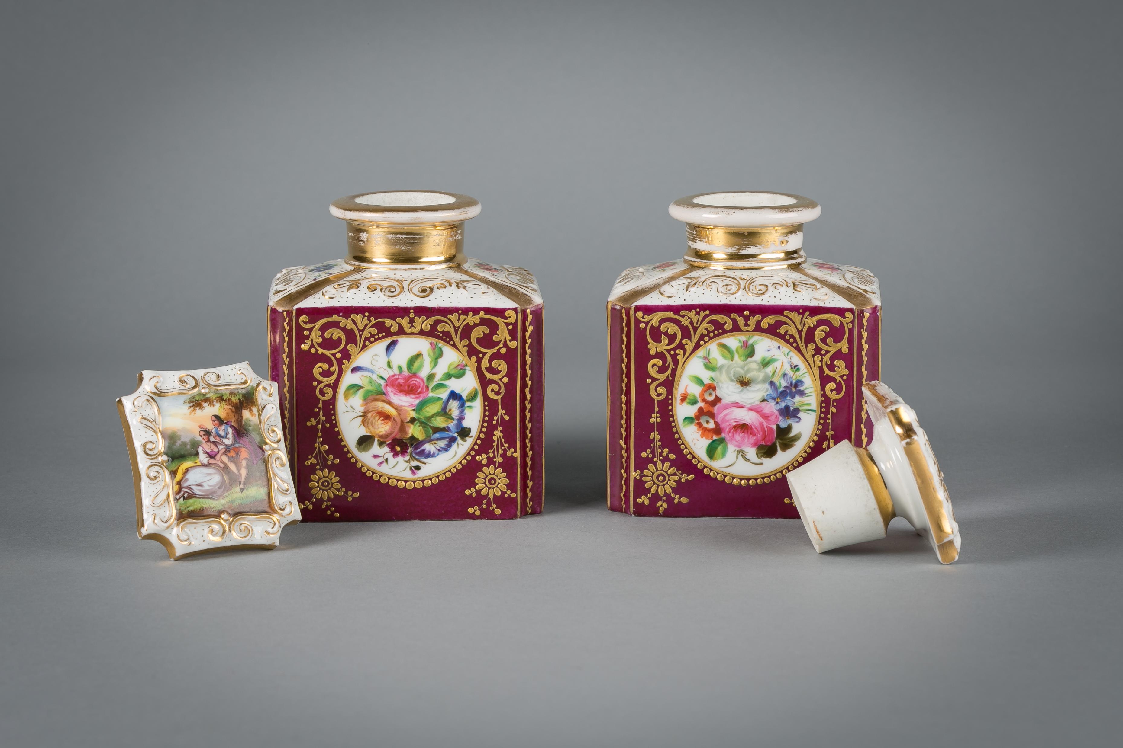 Pair of Paris porcelain perfume bottles, circa 1860.