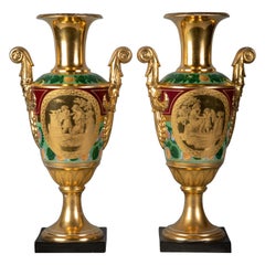 Coppia di vasi Impero a due manici in porcellana di Parigi, 1810 circa