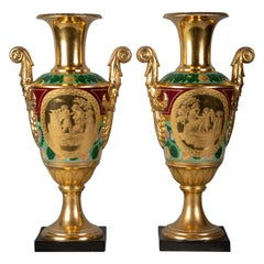 Antique Pair of Paris Porcelain Two-Handled Empire Vases, circa 1810