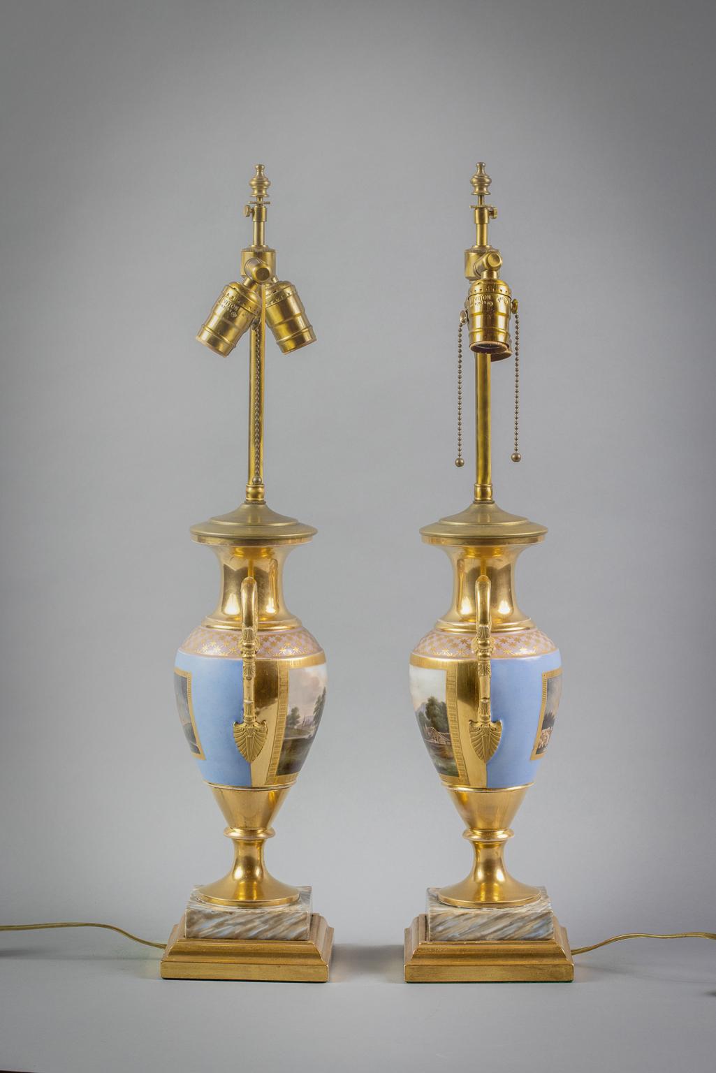 Pair of Paris Porcelain Two-Handled Vases as Lamps, circa 1820 In Good Condition For Sale In New York, NY