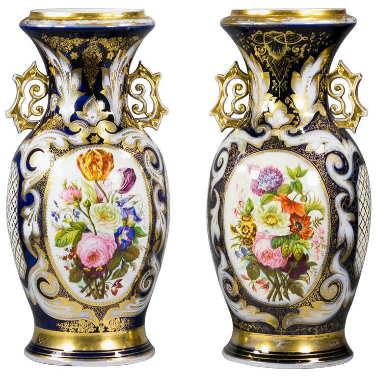 Pair of Paris Porcelain Two Handled Vases, circa 1840 For Sale at 1stDibs