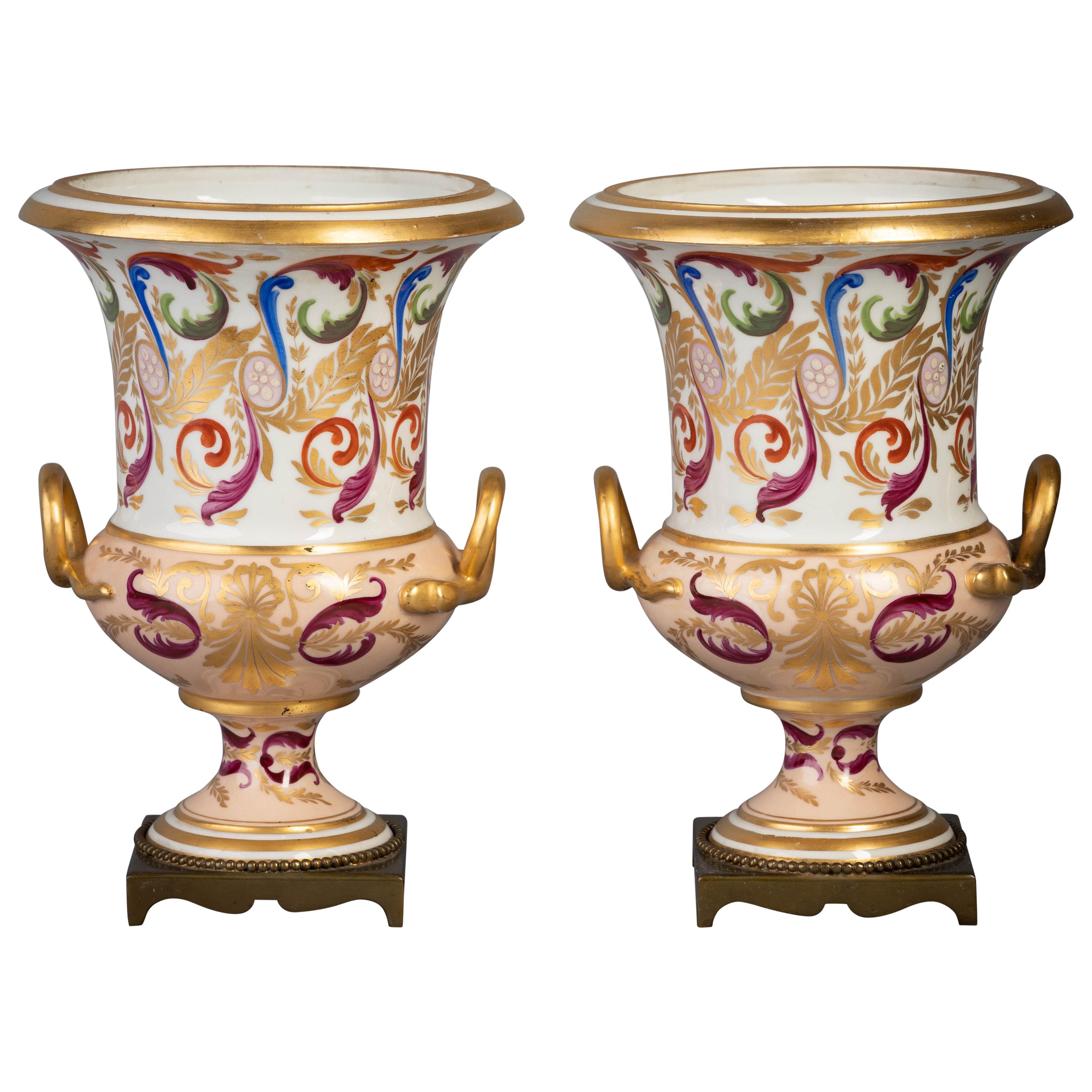 Pair of Paris Porcelain Two Handled Vases, circa 1880 For Sale