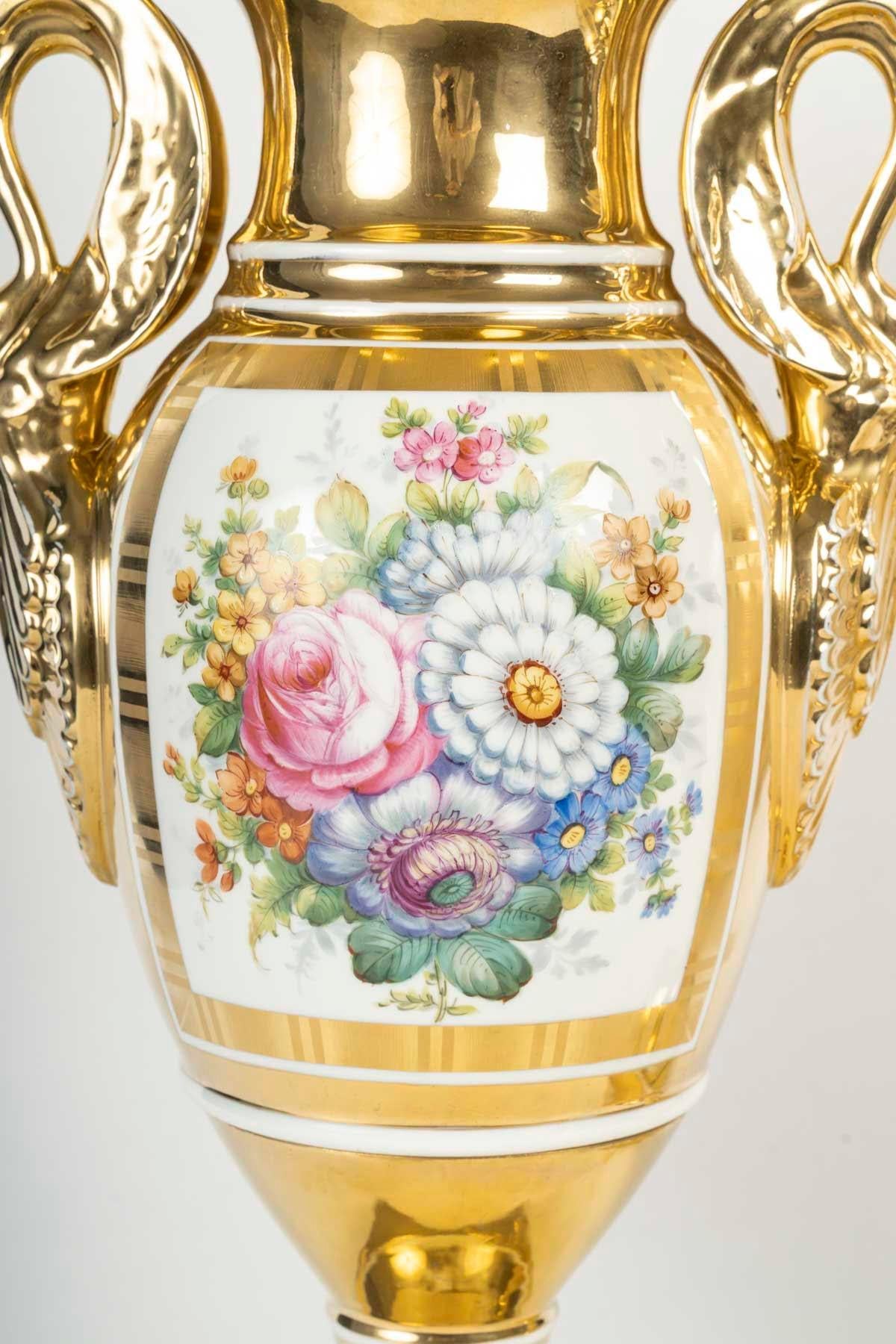 Pair of Paris Porcelain Vases, Empire Style, 19th Century, Napoleon III Period. For Sale 6
