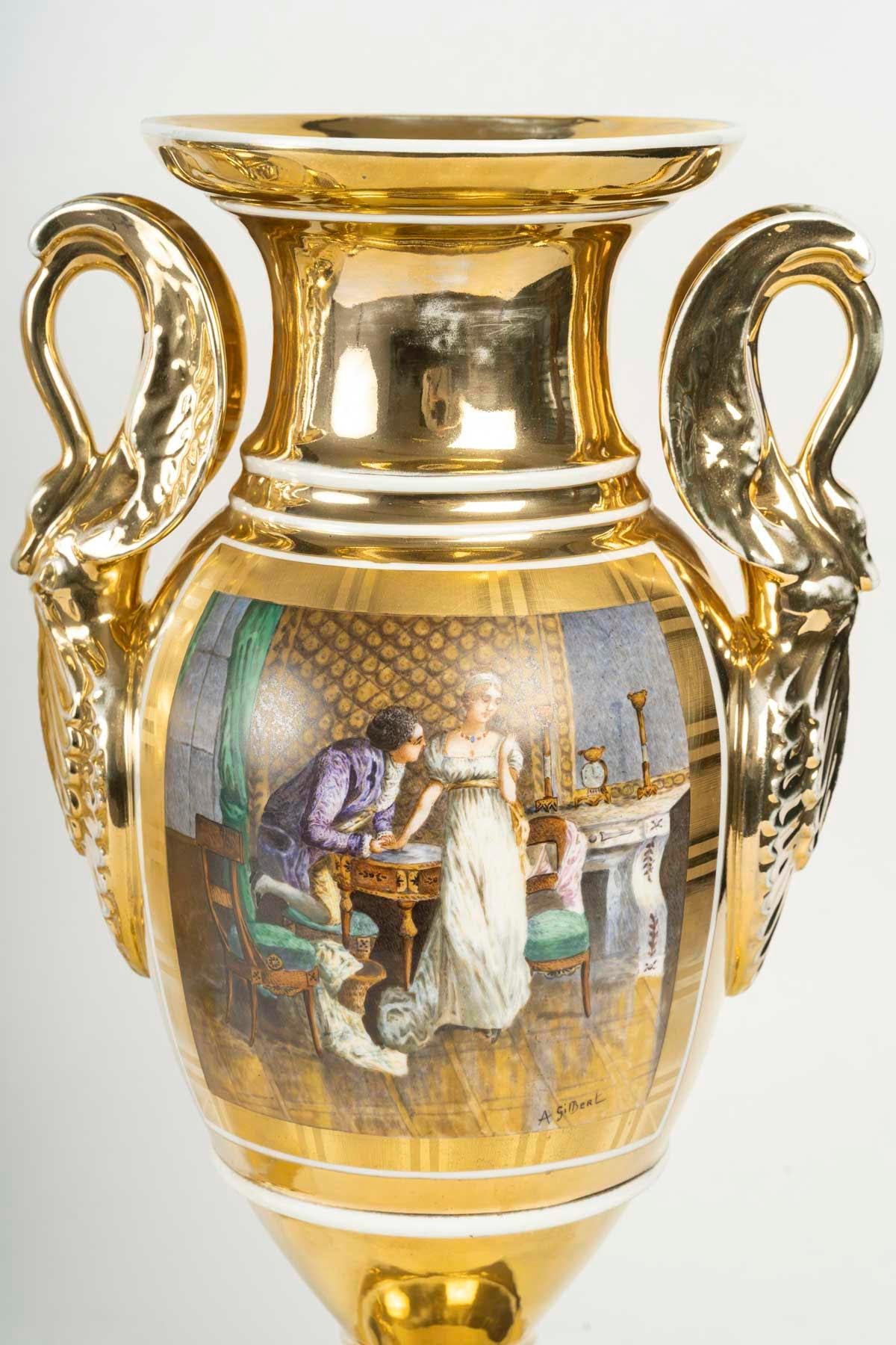 French Pair of Paris Porcelain Vases, Empire Style, 19th Century, Napoleon III Period. For Sale