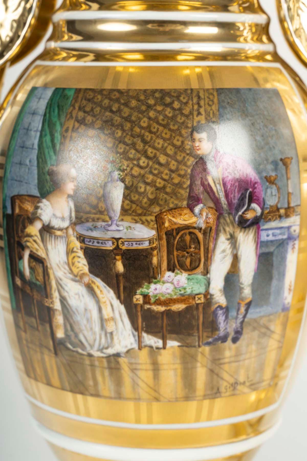 Pair of Paris Porcelain Vases, Empire Style, 19th Century, Napoleon III Period. In Good Condition For Sale In Saint-Ouen, FR