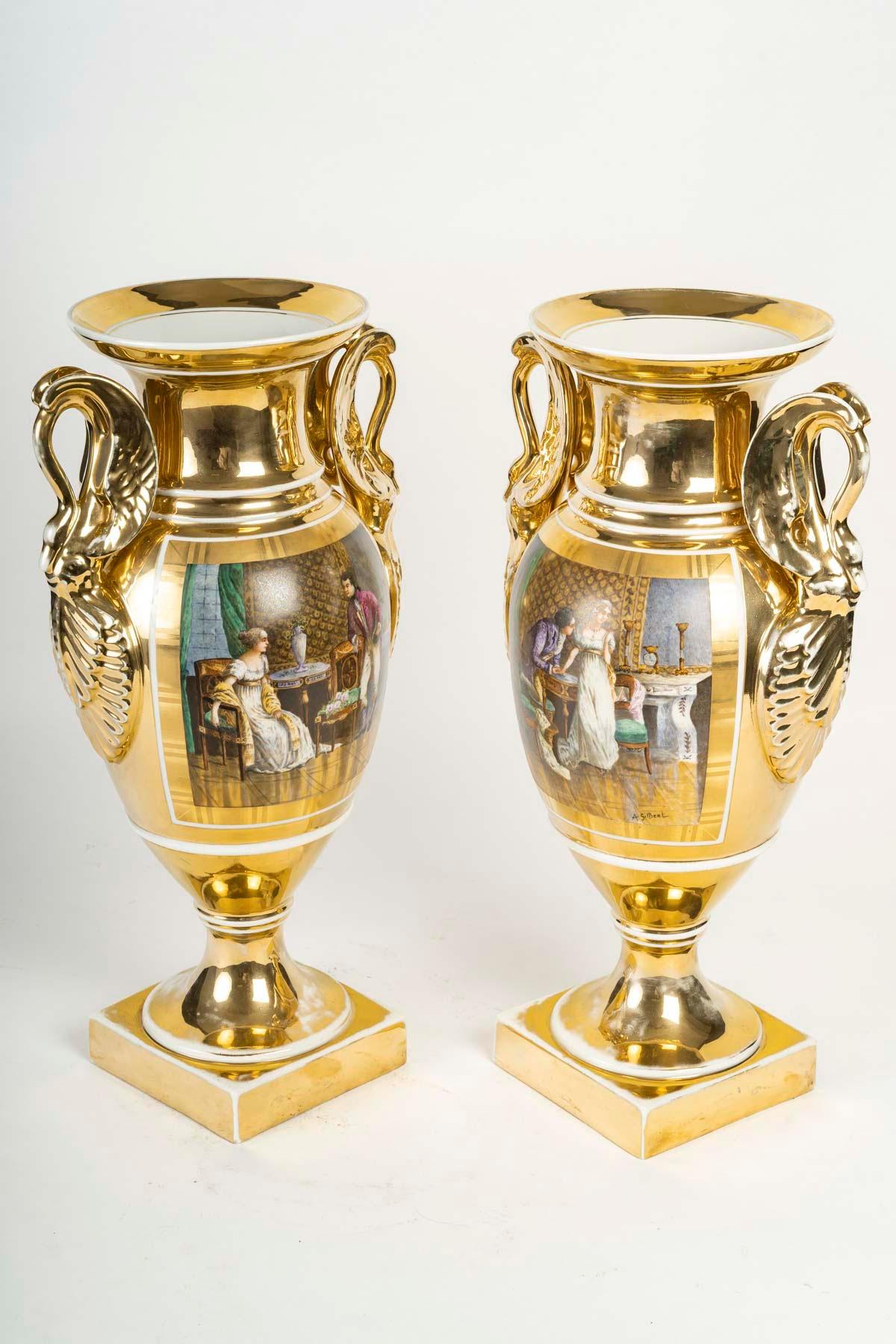 Pair of Paris Porcelain Vases, Empire Style, 19th Century, Napoleon III Period. For Sale 2