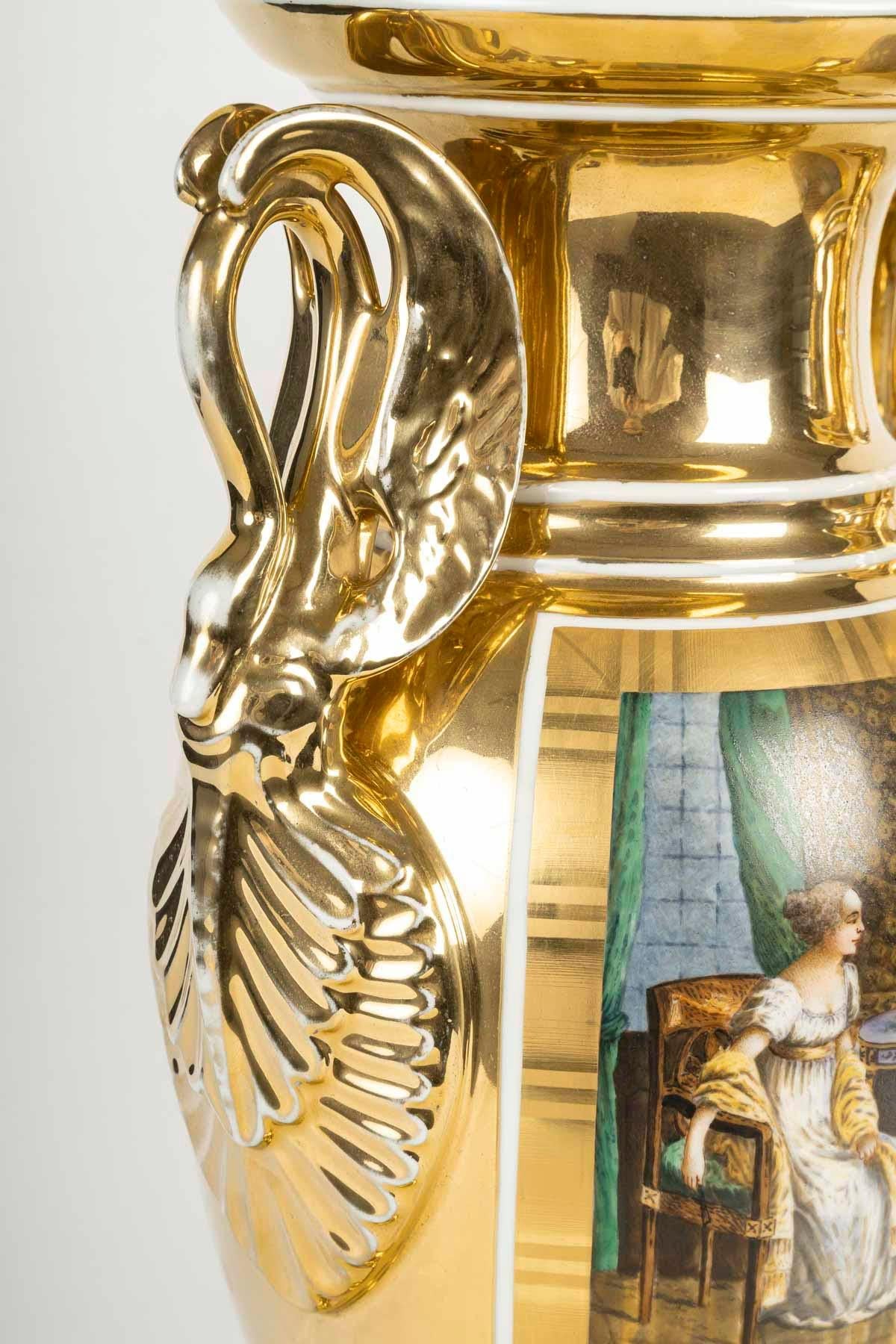 Pair of Paris Porcelain Vases, Empire Style, 19th Century, Napoleon III Period. For Sale 3