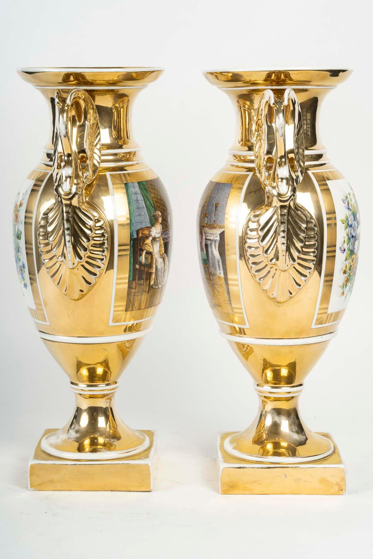 Pair of Paris Porcelain Vases, Empire Style, 19th Century, Napoleon III Period. For Sale 4
