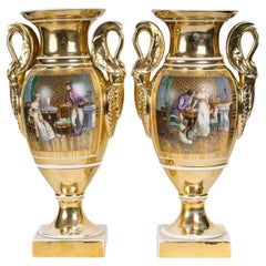 Pair of Paris Porcelain Vases, Empire Style, 19th Century, Napoleon III Period.