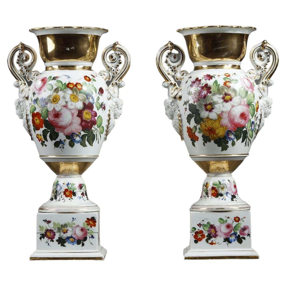 Pair of Paris Porcelain Vases with Floral Decoration For Sale