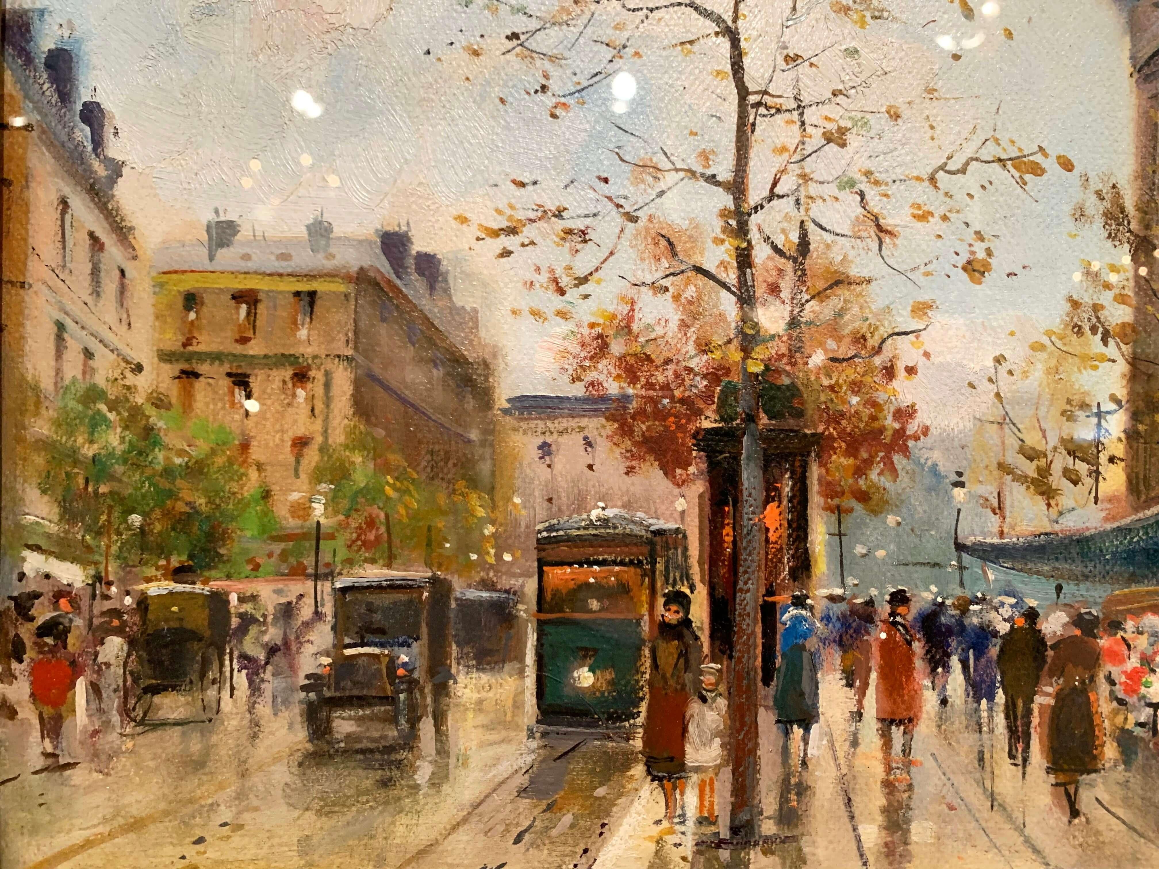 Paire de scènes de Paris peintes à la gouache dans des cadres dorés, signés Henri La Touche en vente 4