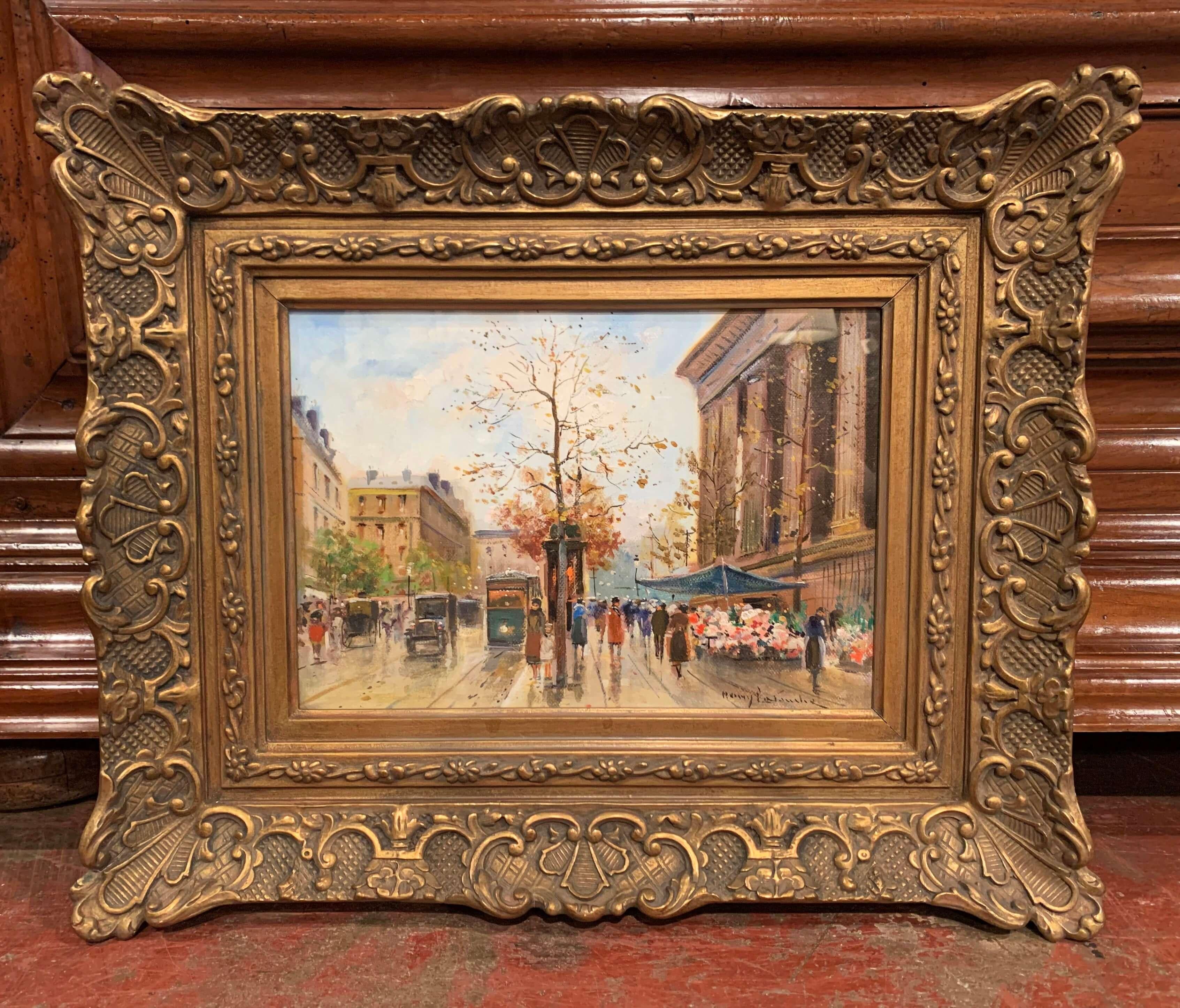 Painted in the manner of Leon Cortes or Eugene Galien Laloue, these gouache on canvas paintings were created in Paris, France, circa 1900. The highly detailed scenes are set inside carved gilt frames with a protecting glass on top. One of the