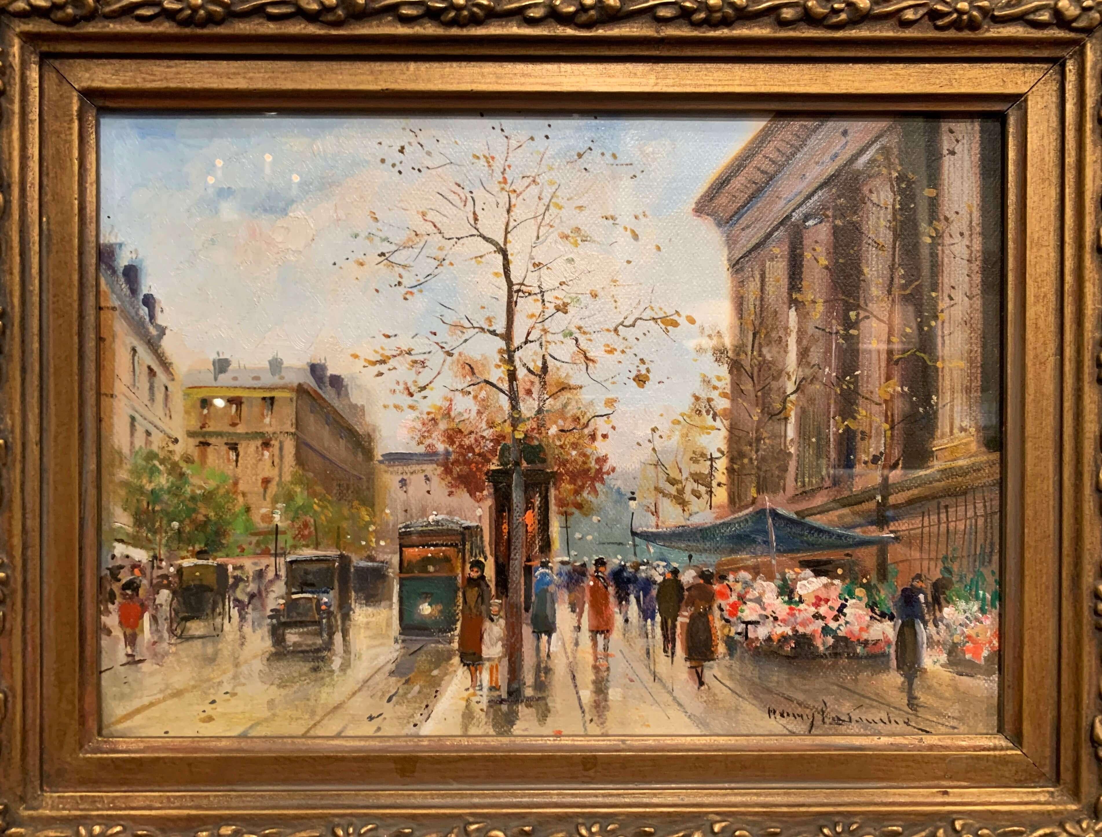 Français Paire de scènes de Paris peintes à la gouache dans des cadres dorés, signés Henri La Touche en vente