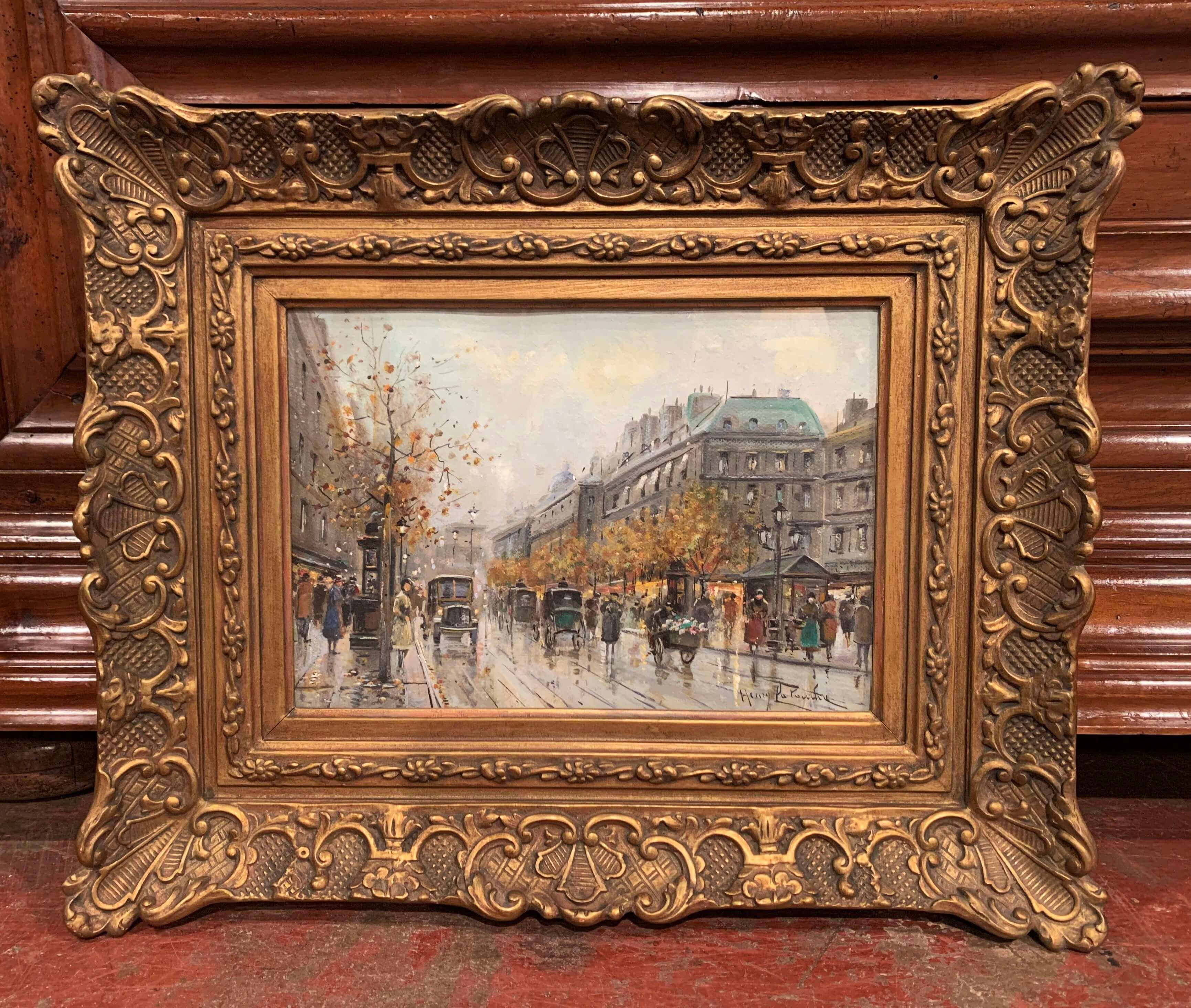 Pareja de pinturas al gouache Escenas de París en marcos dorados Firmado Henri La Touche en Excelente estado para la venta en Dallas, TX