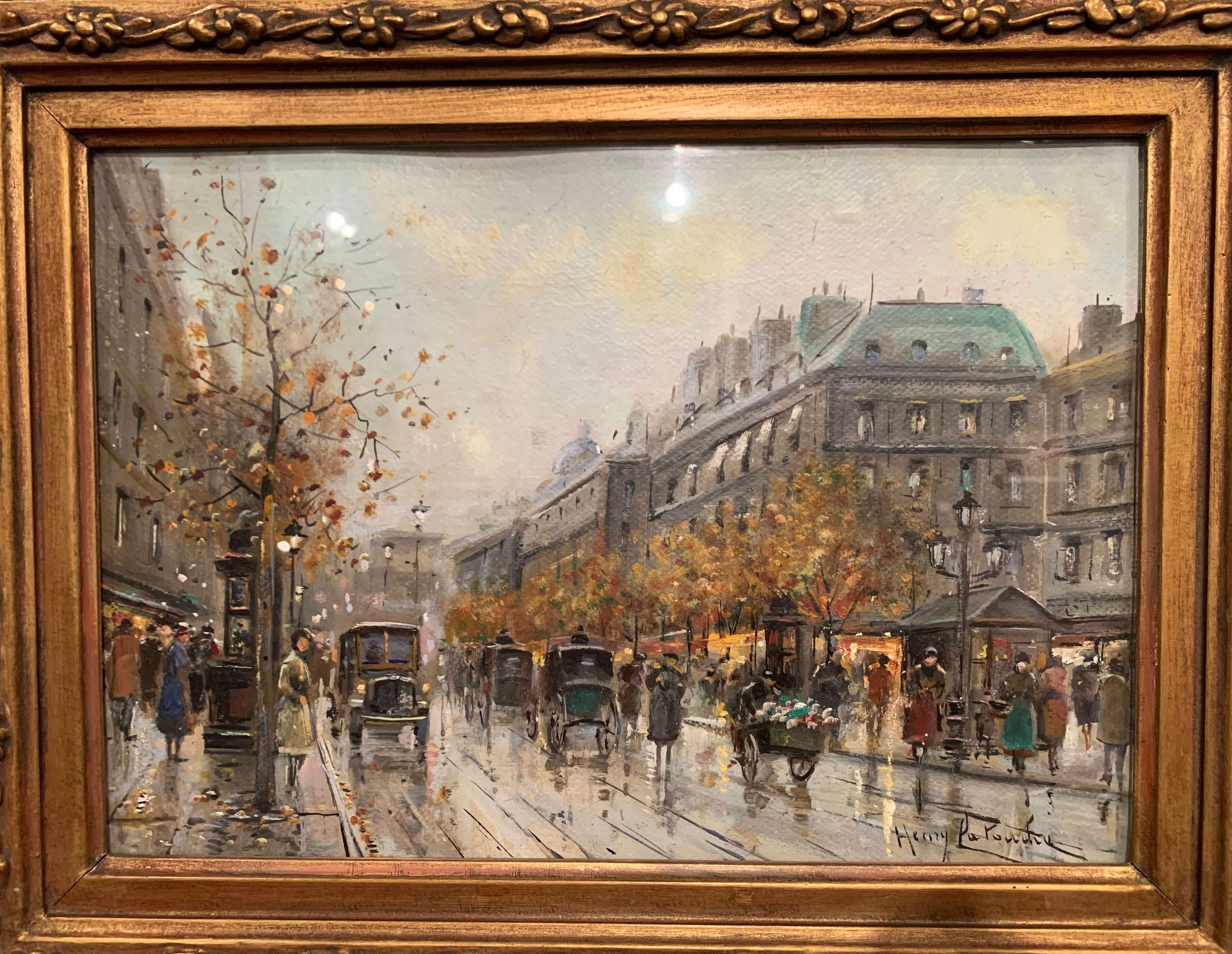 Giltwood Pair of Paris Scenes Gouache Paintings in Gilt Frames Signed Henri La Touche For Sale