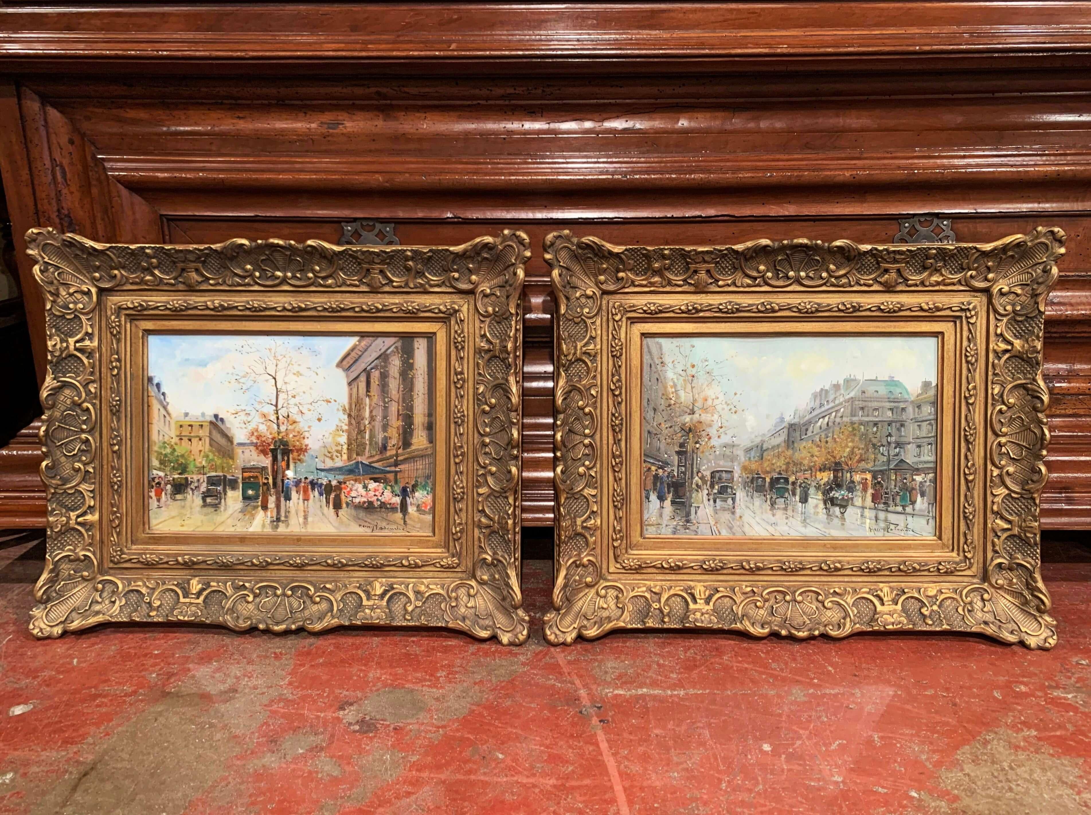 Pair of Paris Scenes Gouache Paintings in Gilt Frames Signed Henri La Touche For Sale 3