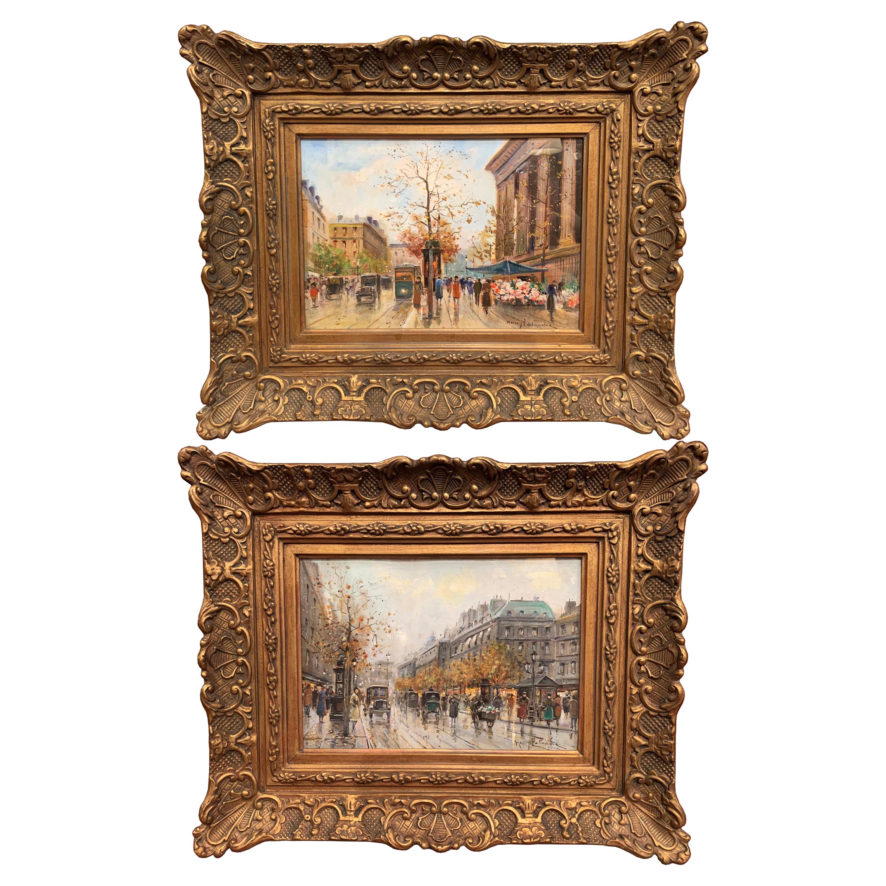 Pair of Paris Scenes Gouache Paintings in Gilt Frames Signed Henri La Touche