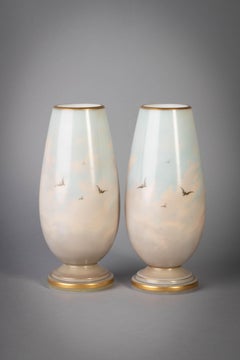 Pair of French Opaline Glass Painted Vases, Late 19th Century