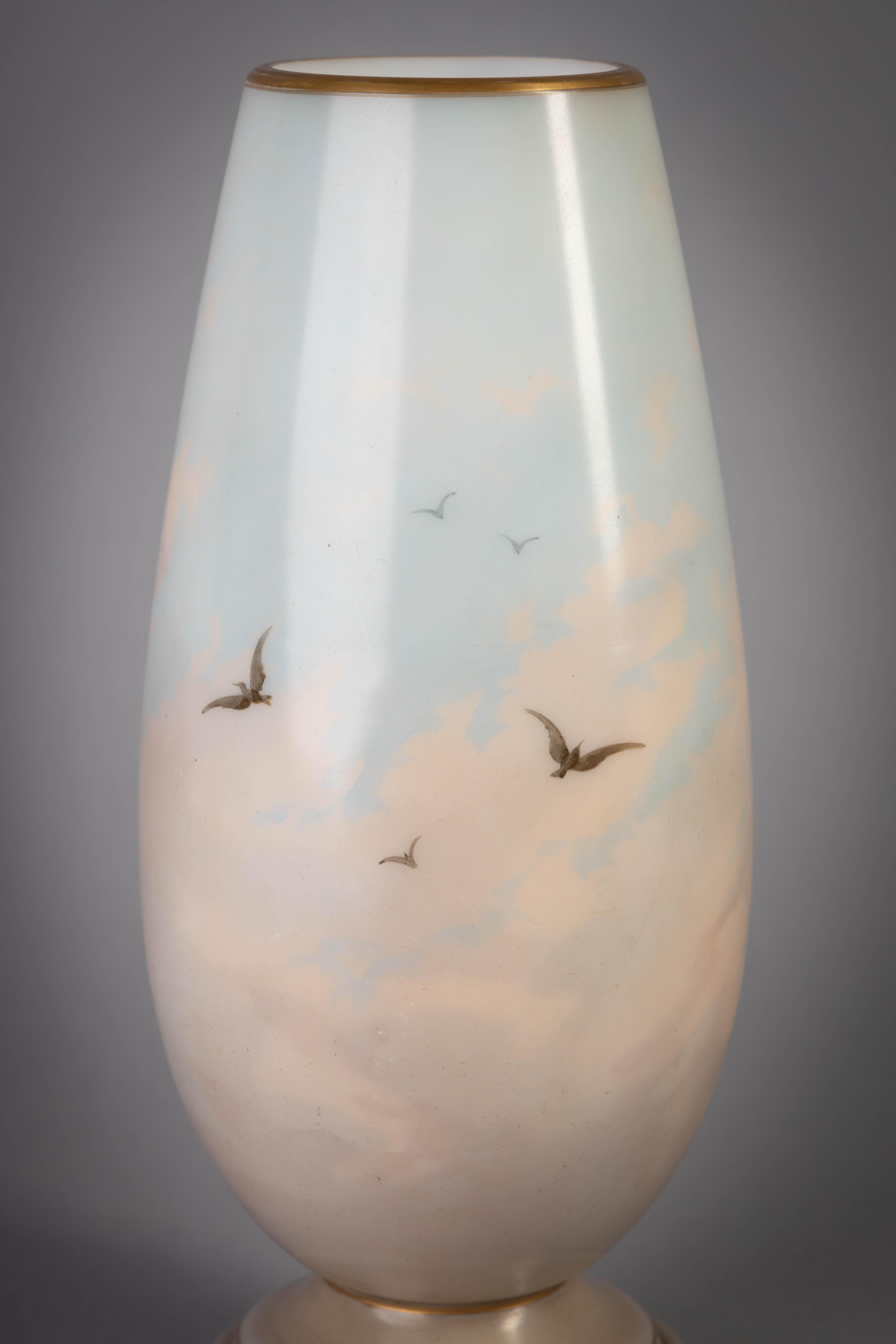 Pair of French Opaline Glass Painted Vases, Late 19th Century For Sale 2