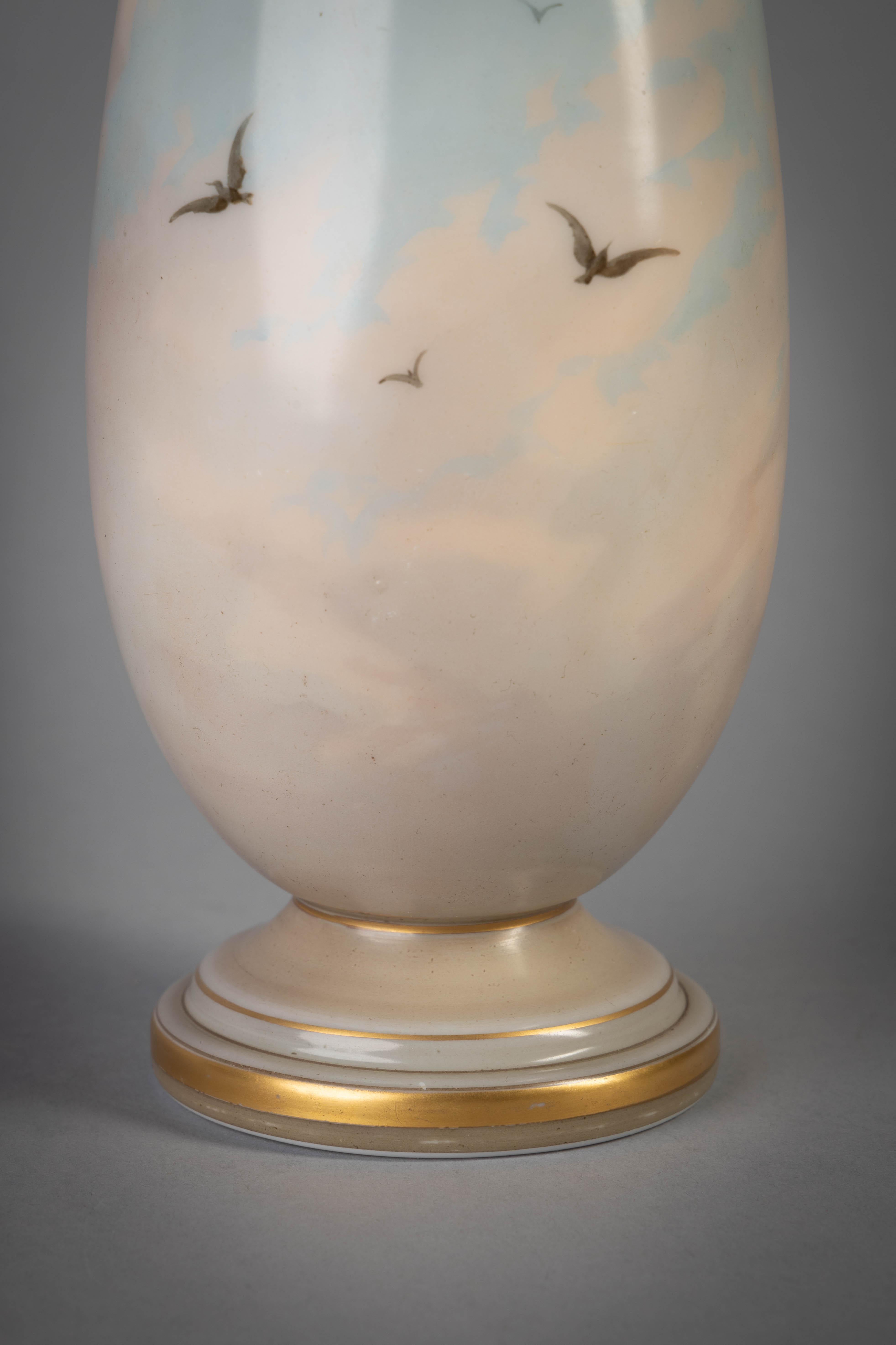 Pair of French Opaline Glass Painted Vases, Late 19th Century For Sale 3