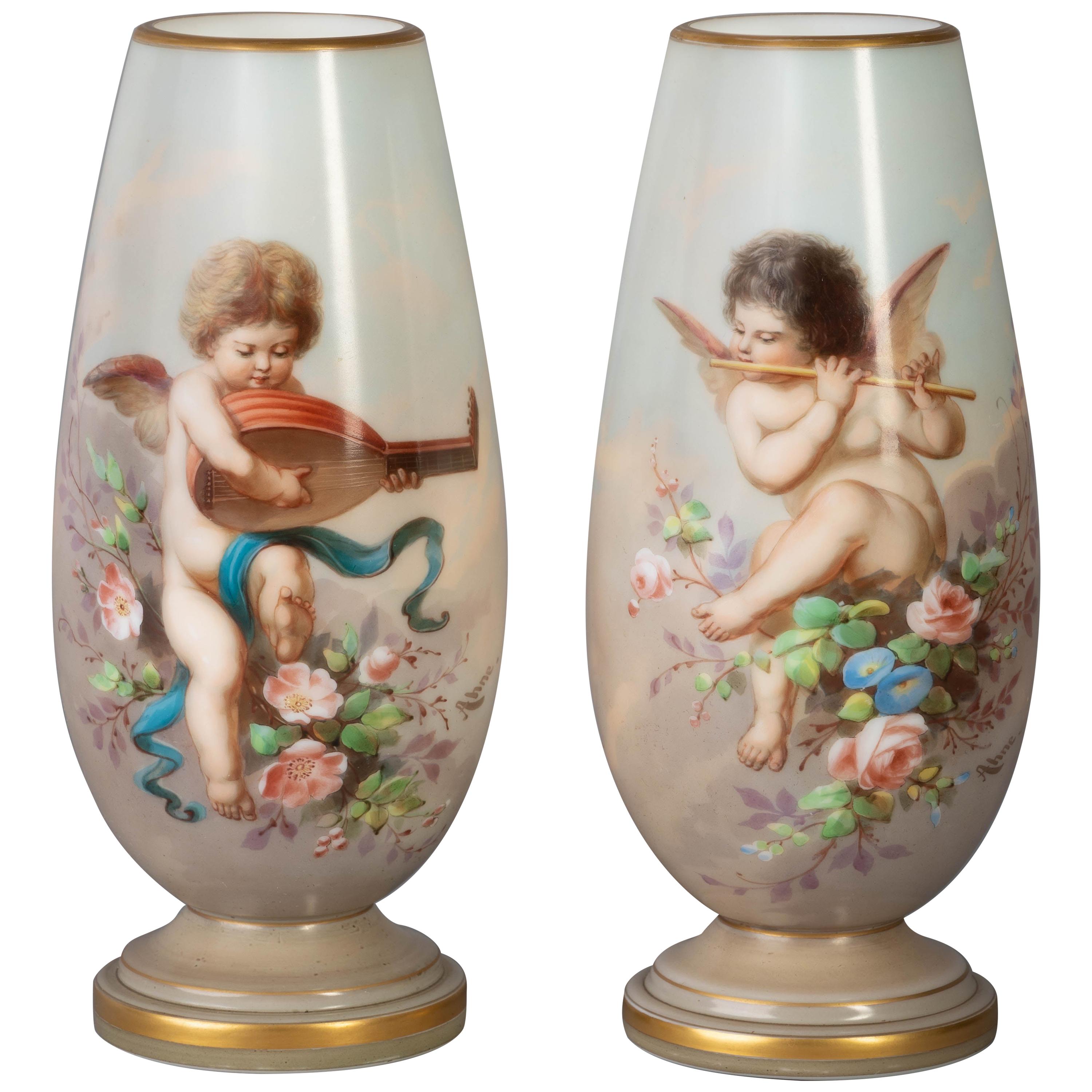 Pair of French Opaline Glass Painted Vases, Late 19th Century For Sale