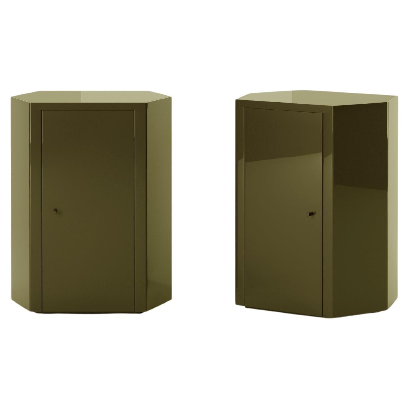Pair of Park Night Stands in Uniform Olive Green Lacquer by Yaniv Chen for Lemon For Sale