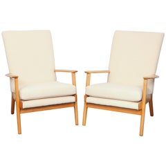 Pair of Parker Knoll Beech Lounge Chairs in off White Fabric
