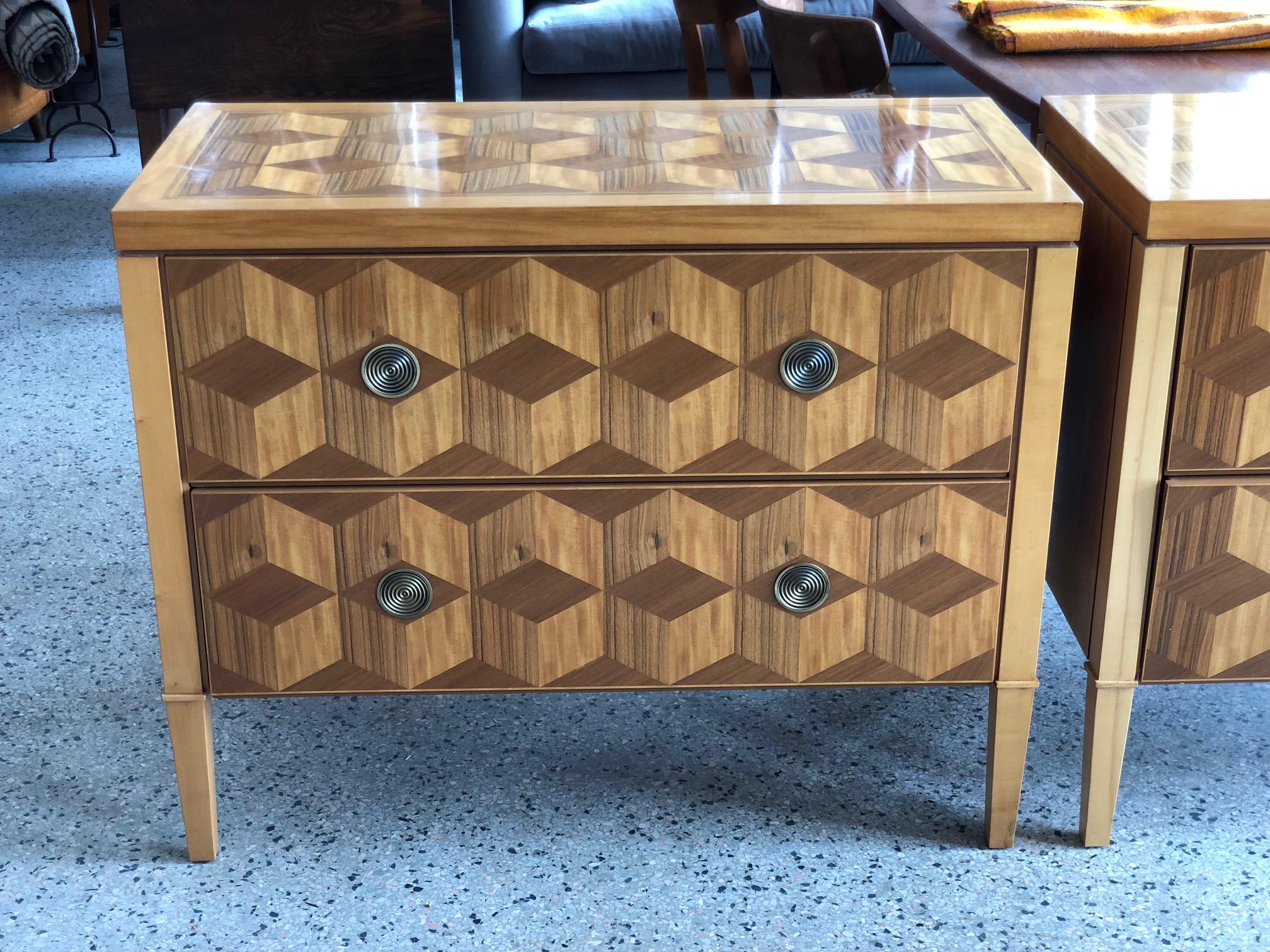 Late 20th Century Pair of Parquetry Chests by Baker with a Geometric Design