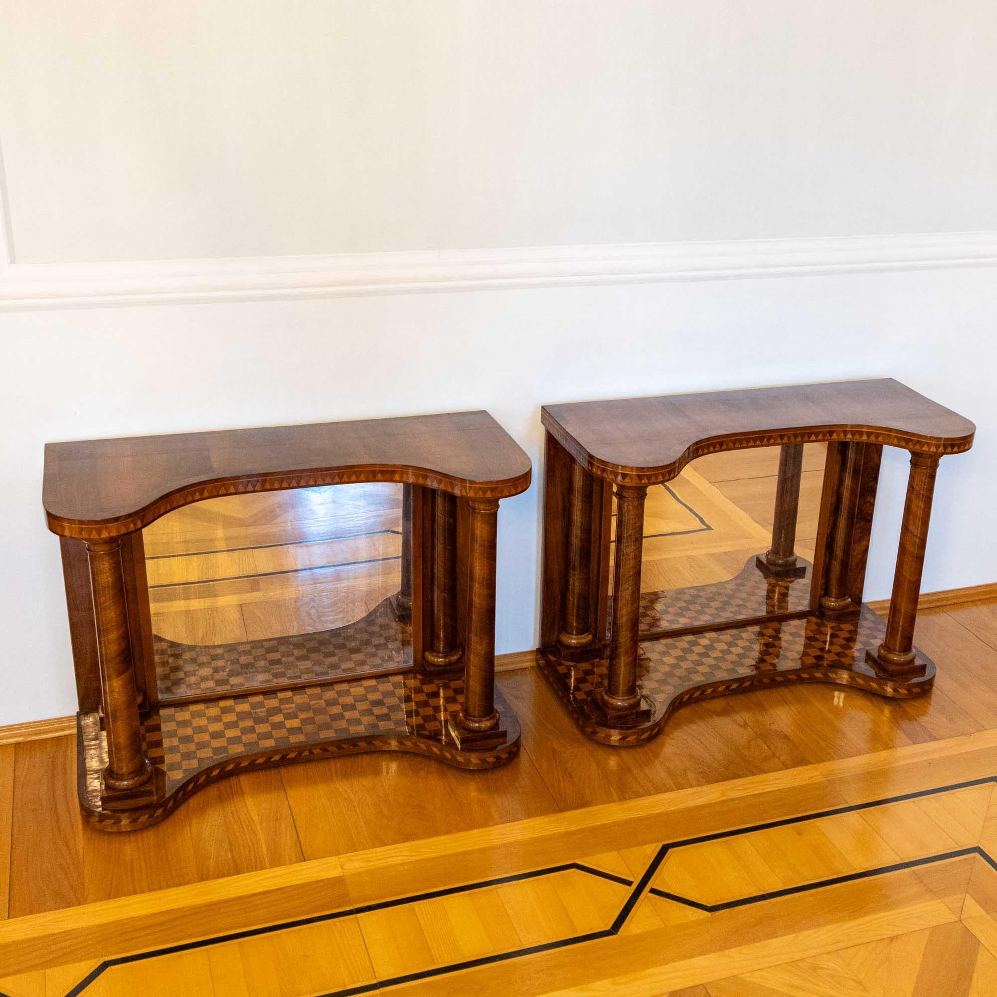 Veneer Pair of Parquetry Console Tables with Mirrors, Mid-19th Century For Sale
